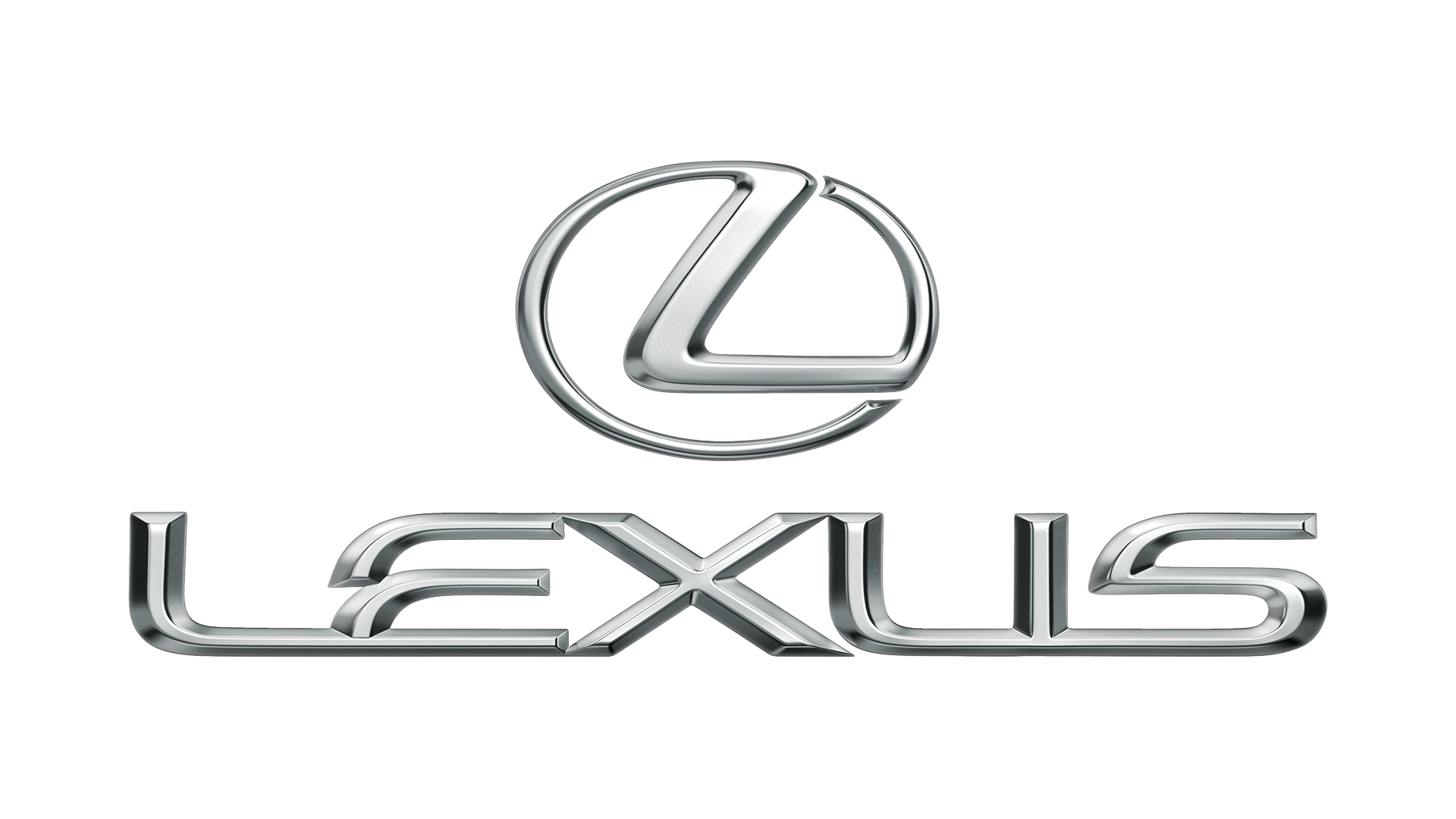 Lexus logo with the text 'Lexus' below it, chrome metallic finish on a black background.