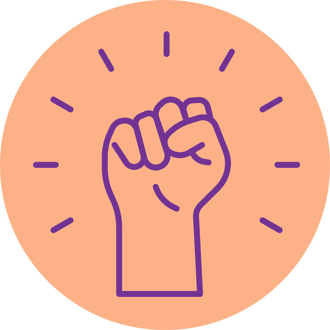 An illustrated purple clenched fist with lines around it indicating power or strength, set against a peach circular background.