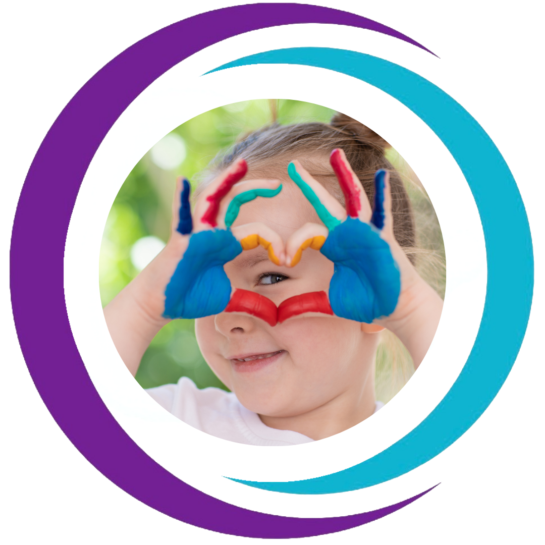 A young girl smiling outdoors with face paint, making a heart shape with her hands painted in rainbow colors, framed by colorful swirl graphics.