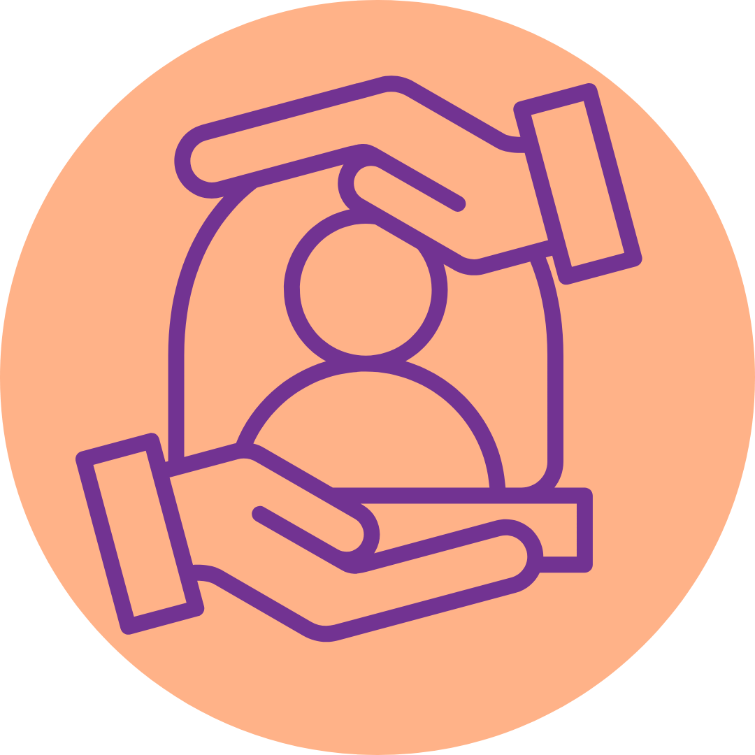 Line drawing of hands surrounding a person icon inside a circle, symbolizing protection or care.