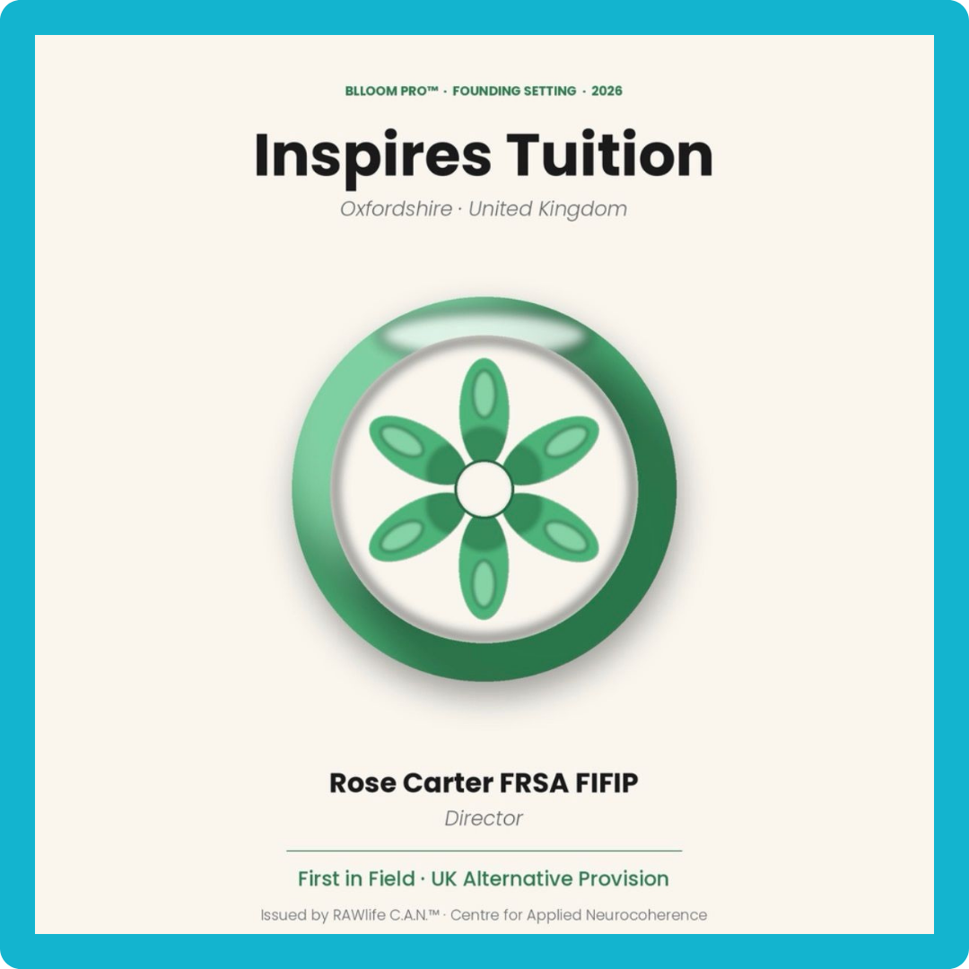 Cover of a publication titled 'Inspires Tuition' with a green circular logo featuring a stylized flower or leaf pattern at the center. The text mentions 'BLOOM PRO' founding setting 2026 in Oxfordshire, United Kingdom, with the name Rose Carter, FRSA, FIFIP as director. There is additional text about field and provision, and issuing organizations.