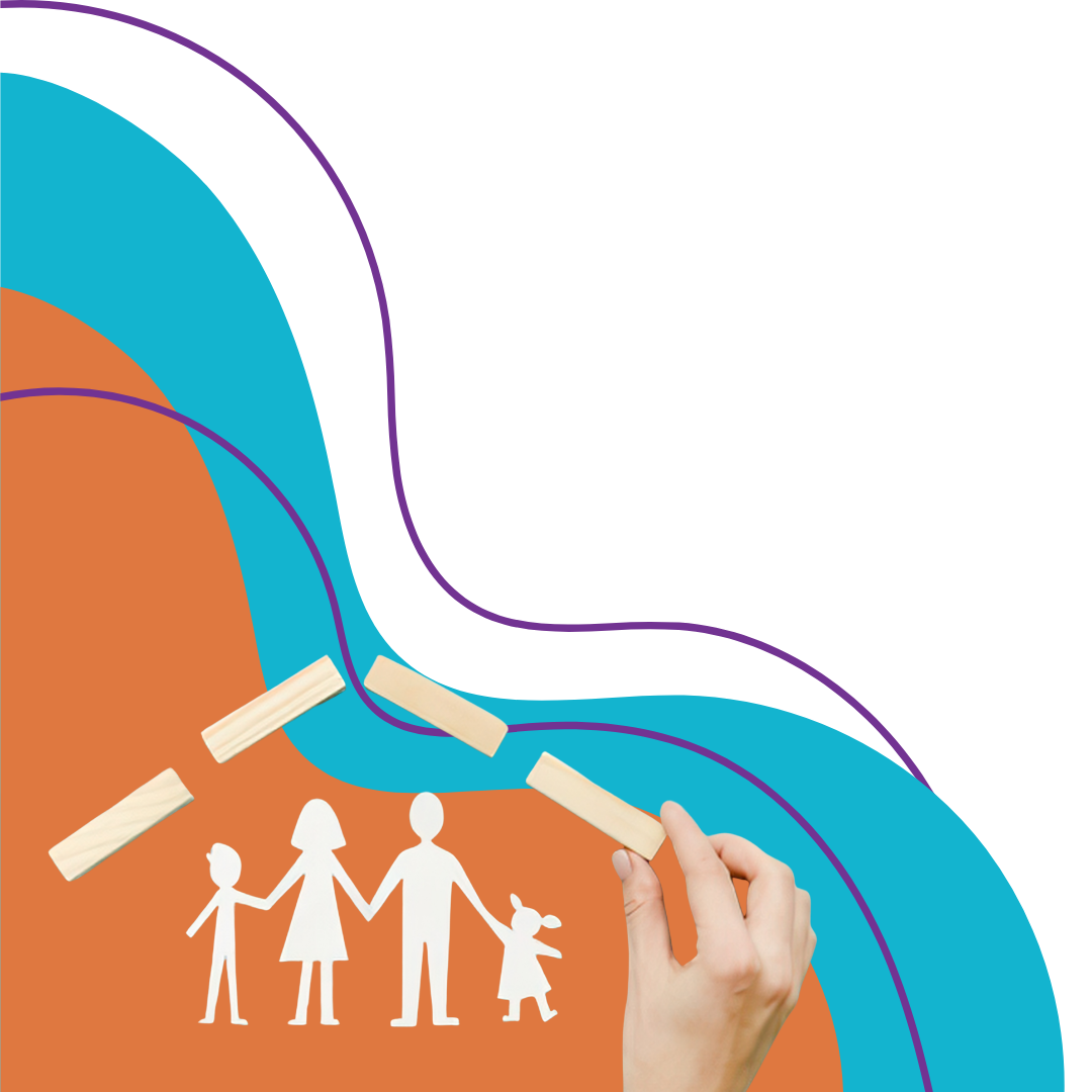 Illustration of a hand placing wooden blocks on a string to create a protective barrier around a family of four, with abstract colorful shapes in the background.
