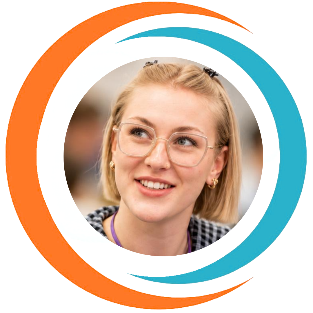 A young woman with blonde hair, glasses, and earrings smiling, surrounded by a circular graphic design with orange and blue swooshes.