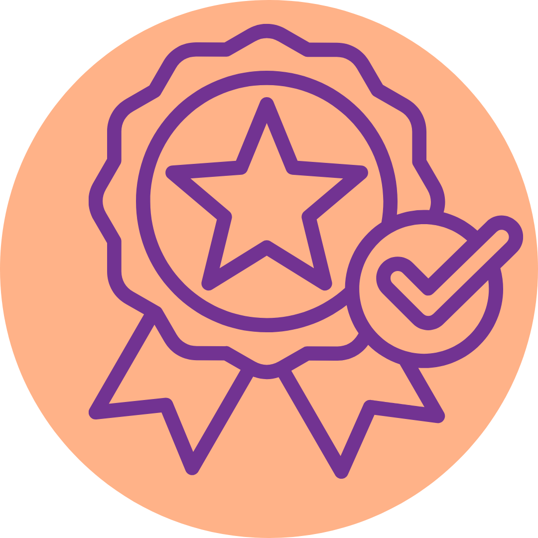 Illustration of a medal with a star in the center, ribbons hanging below, and a checkmark in a circle on the side, all in purple outline on a peach background.