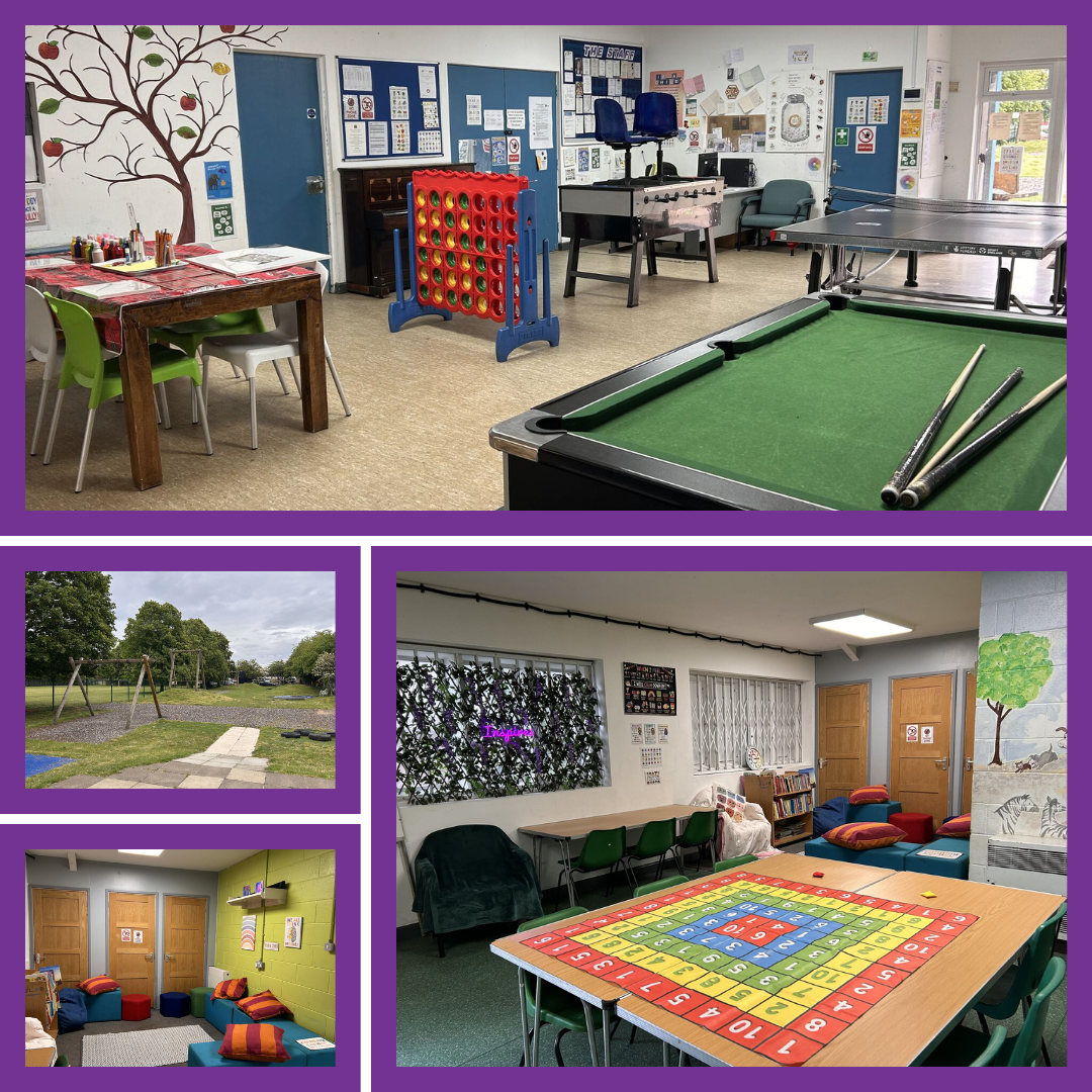 Interior of a children's activity room with a pool table, ping pong table, and a table with craft supplies, plus outdoor playground with swings and trees, and a cozy reading and play area with mats, cushions, and a board game.