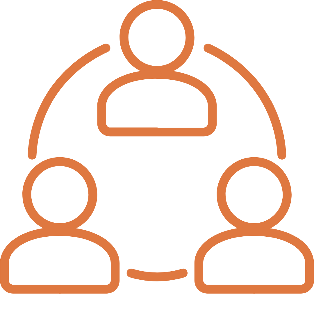 Icon of three people connected in a circle, representing teamwork or collaboration.