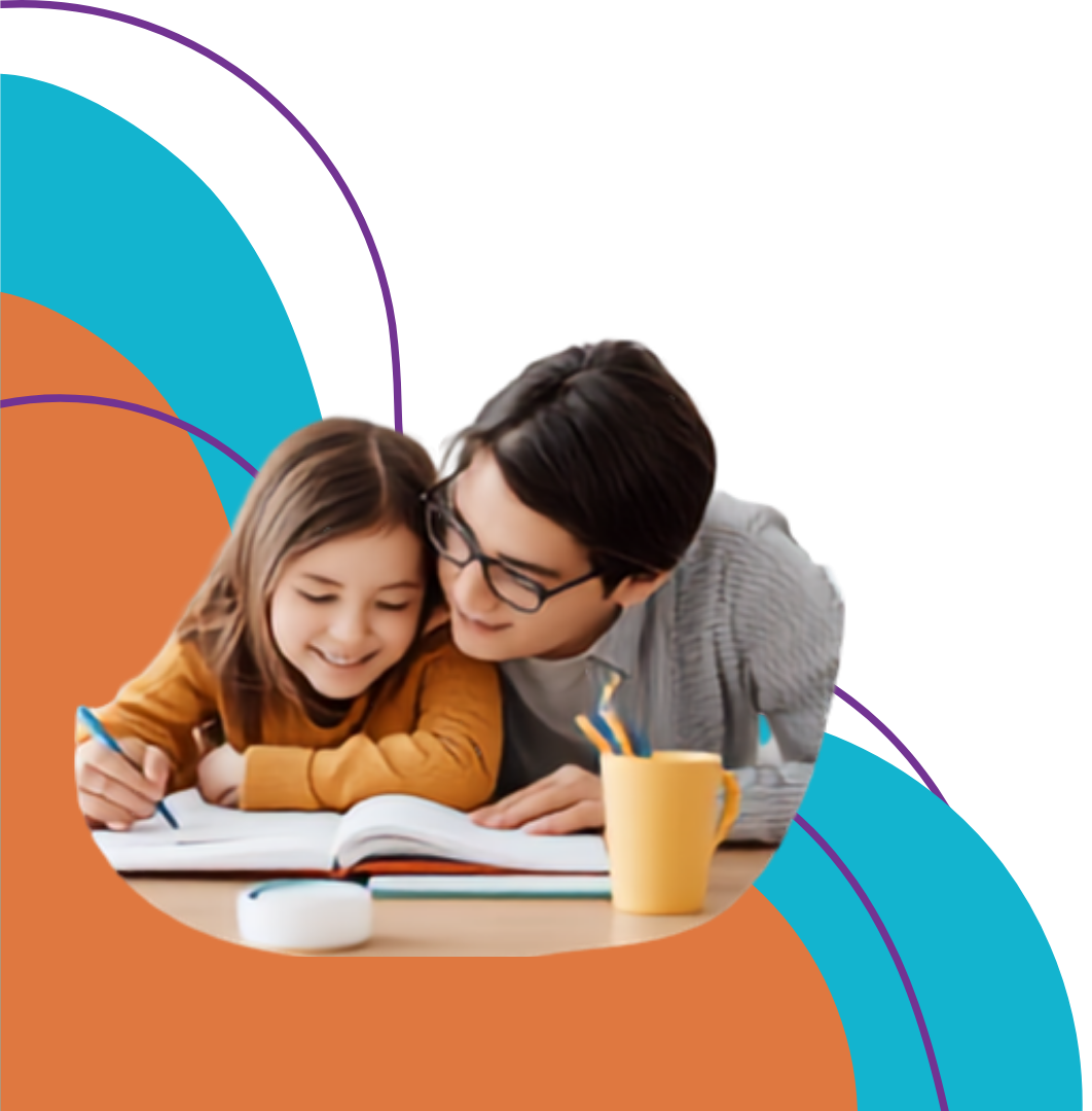 A young girl and an adult man, likely her father or teacher, smiling and looking at an open book together at a desk.