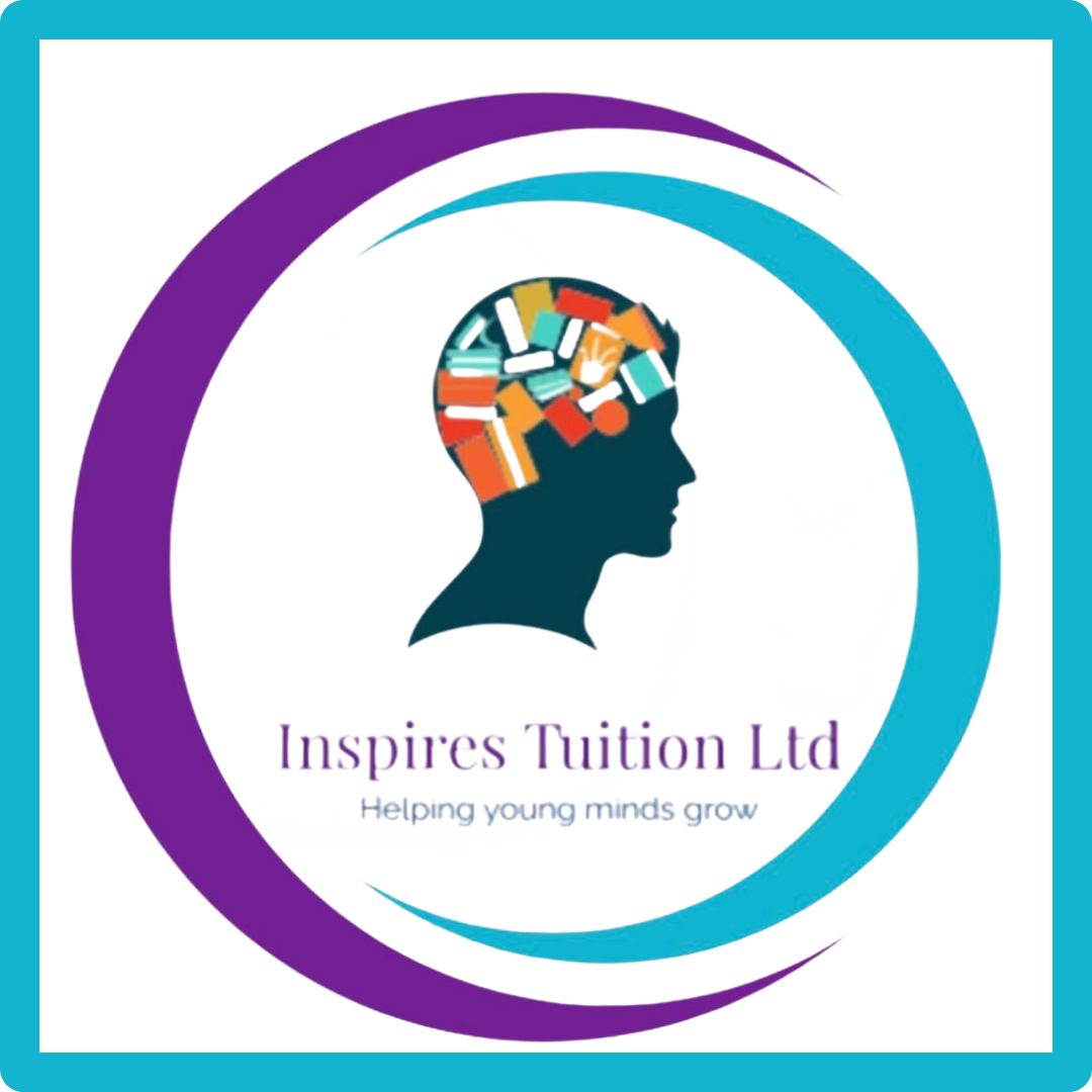 Logo for Inspires Tuition Ltd featuring a human head silhouette with books and a peace sign inside the head, surrounded by purple and blue curved lines. Text below reads 'Helping young minds grow.'