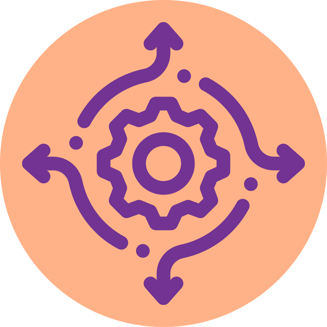 Icon of a gear with interconnected arrows around it, indicating process or workflow.