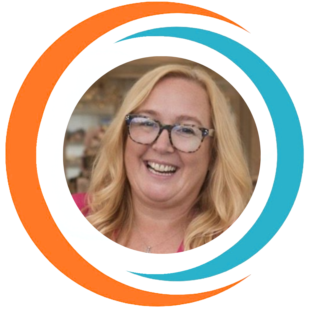 A smiling woman with blonde hair and glasses, framed by overlapping orange and blue swoosh designs.
