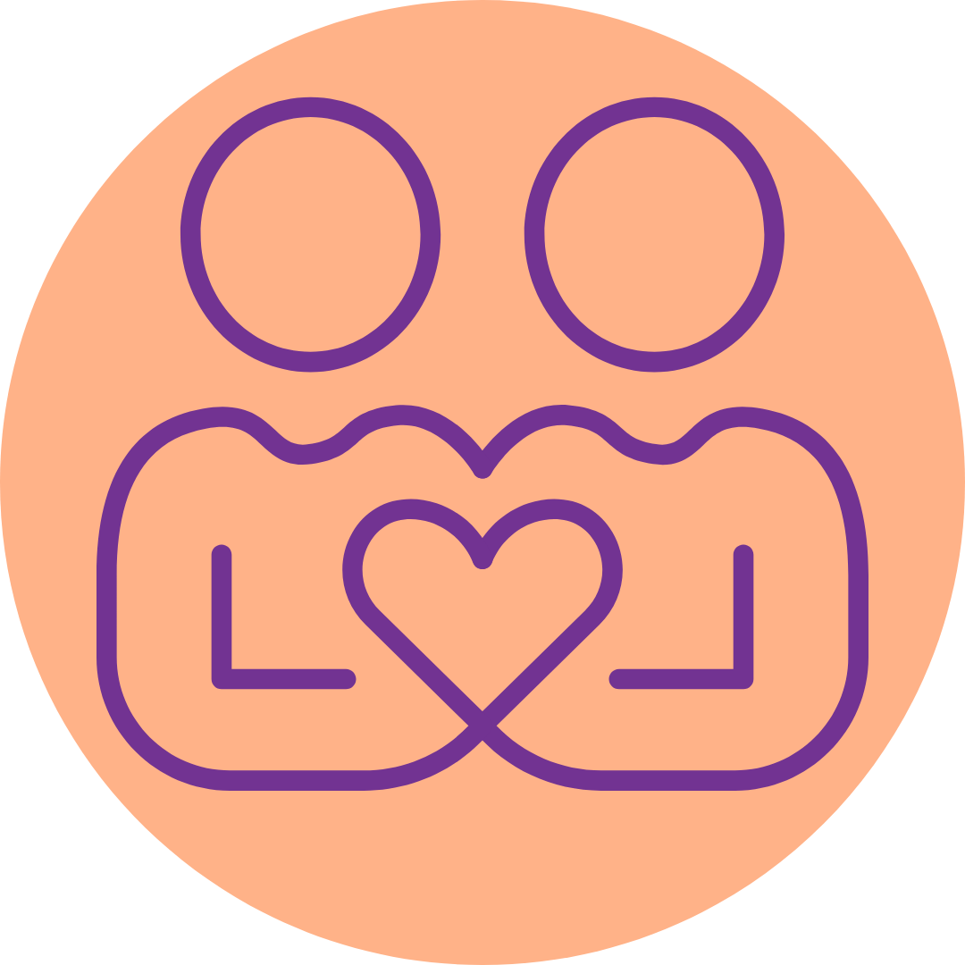 Line drawing of two people hugging each other, with a heart between their arms, inside an orange circle.
