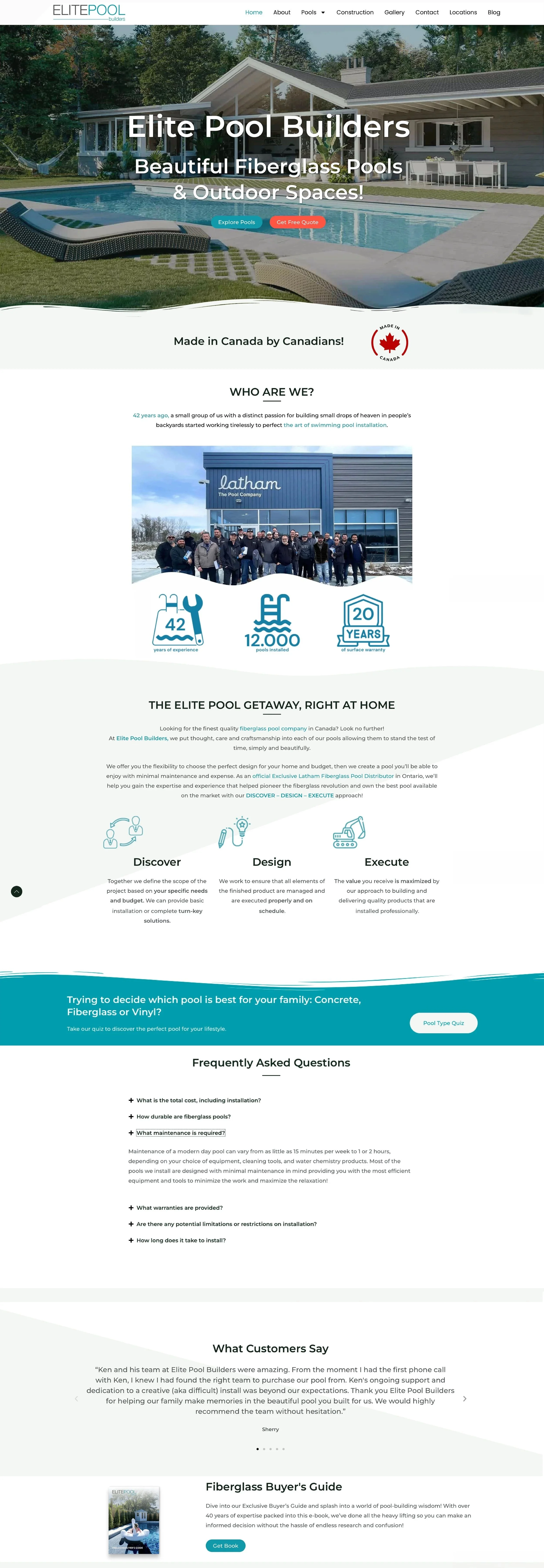 Elite Pool Builders website showcasing a fiberglass pool, team photo outside a building, and icons for experience, pools installed, and warranty.