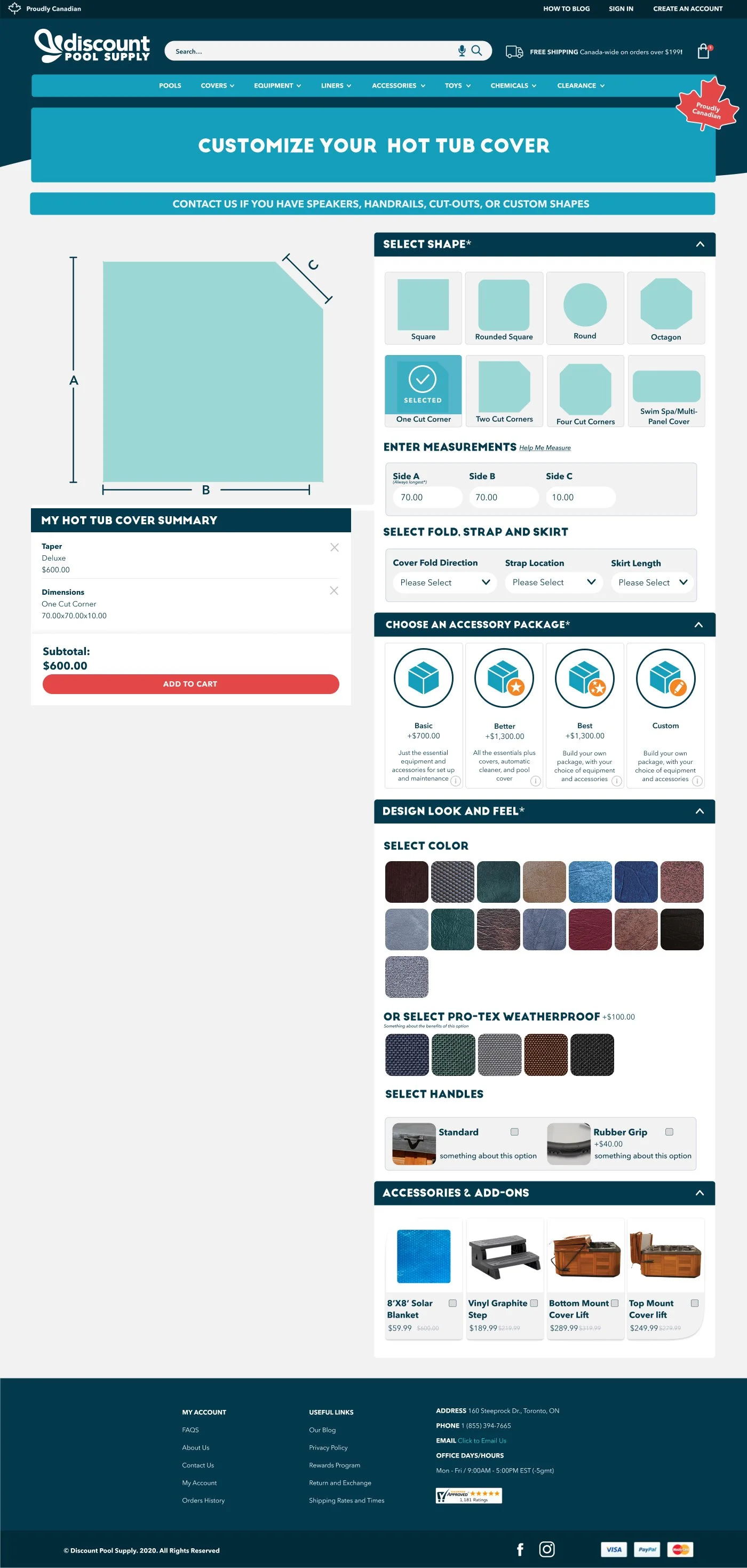 Screenshot of a website page for customizing a hot tub cover. It includes options to select shape, measurements, fold, strap, skirt, color, weatherproofing, handles, and accessories.