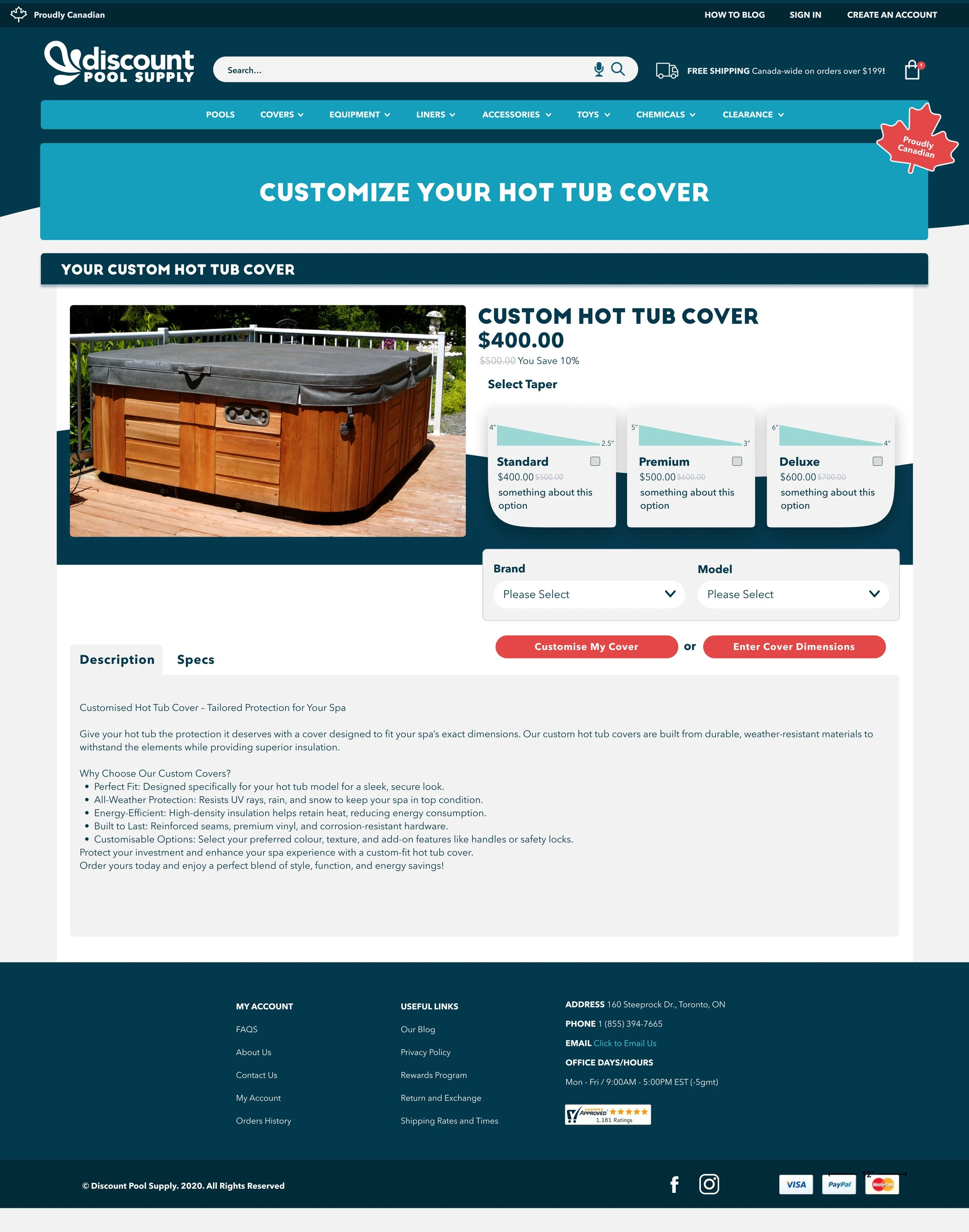 Discount Pool Supply's website homepage featuring a section for customizing a hot tub cover, with a large image of a hot tub and options for selecting features and sizes.