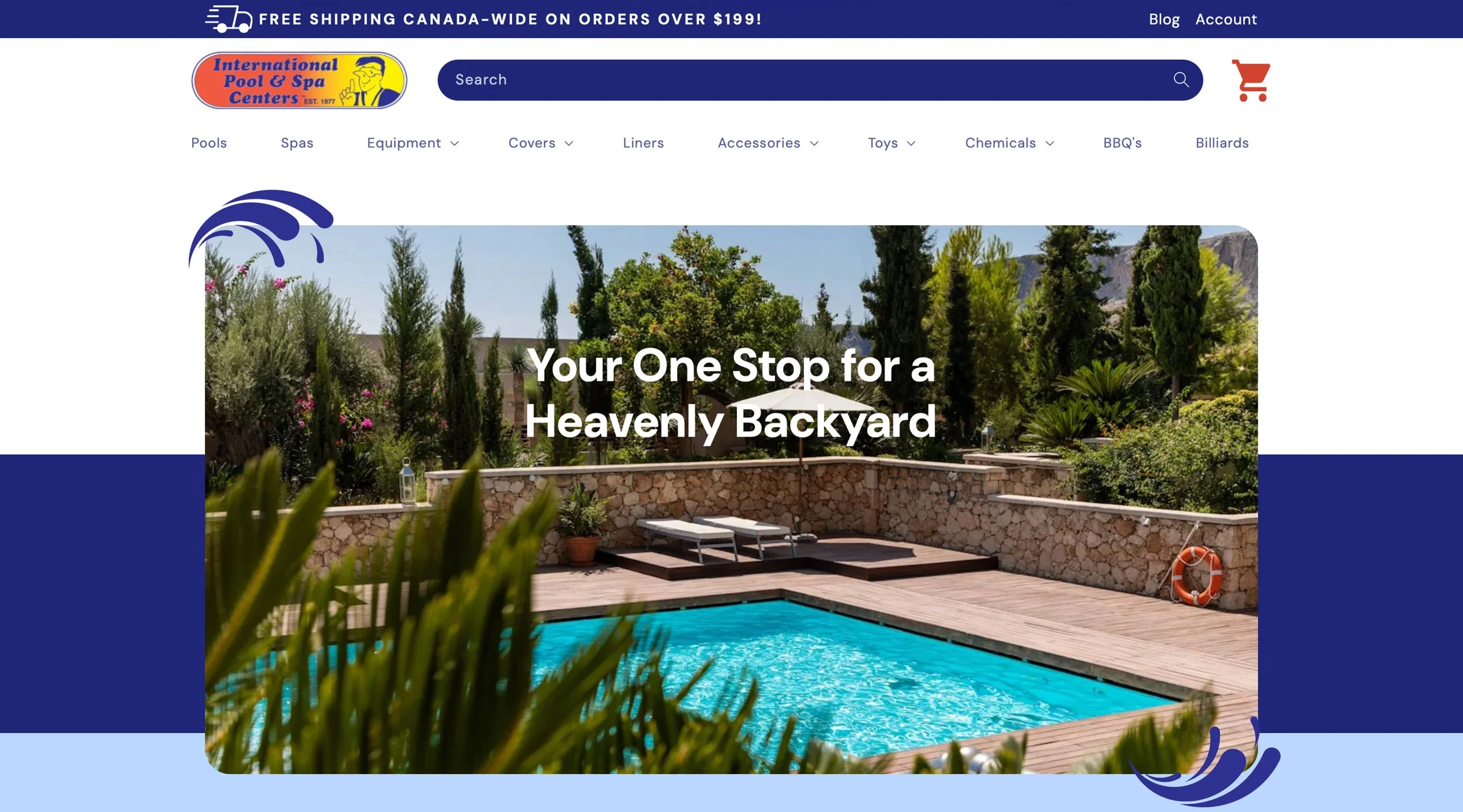 A backyard with a swimming pool, surrounded by trees, shrubs, and a stone wall, with lounge chairs and a life preserver on the side.