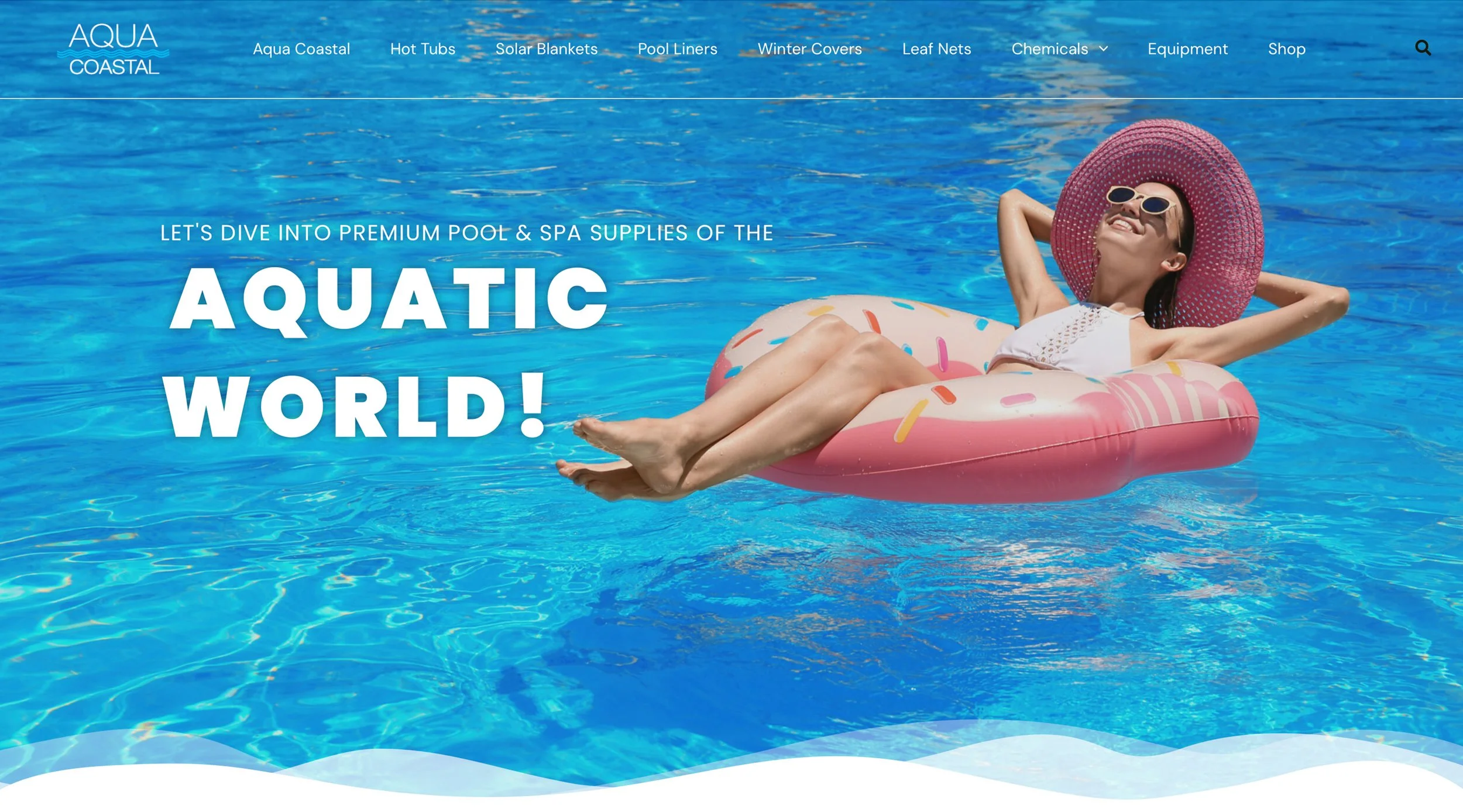 Woman relaxing on a pink inflatable pool float in a swimming pool, wearing sunglasses and a large pink sun hat.