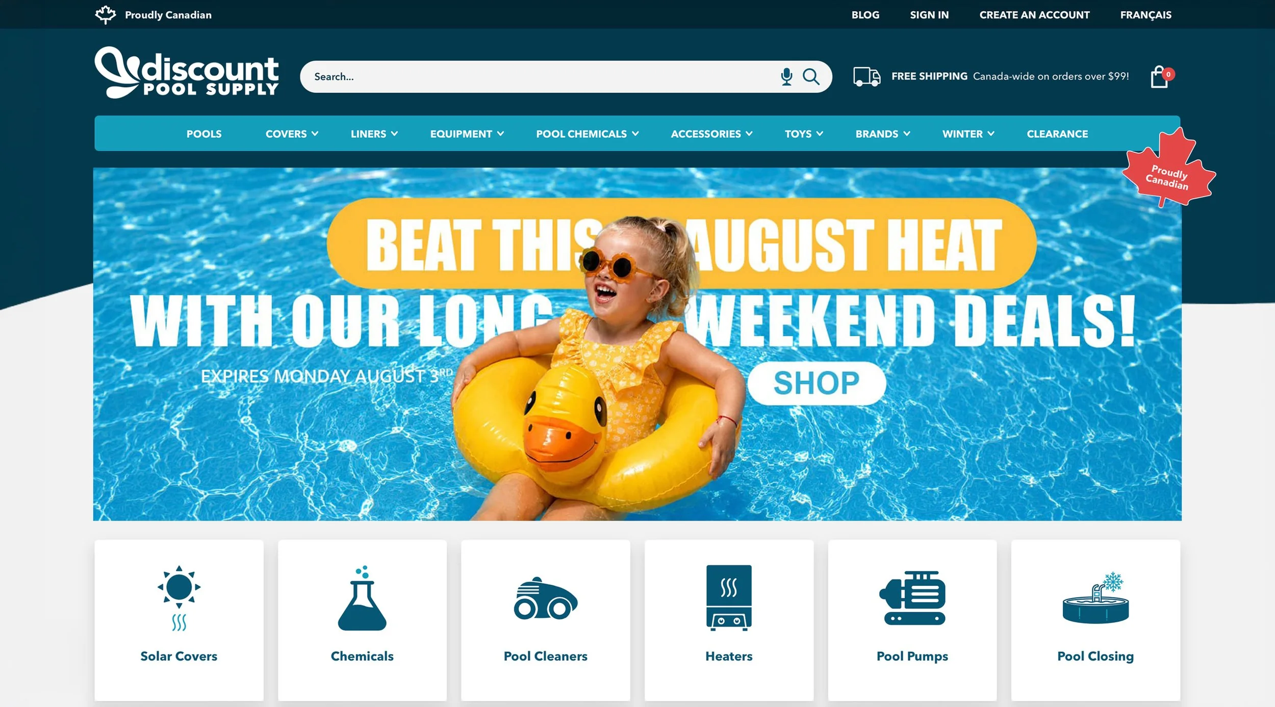 Webpage of Discount Pool Supply with a promotional banner featuring a young girl in a pool float, with text encouraging beating the August heat with weekend deals, and clickable icons for pool-related products and services.