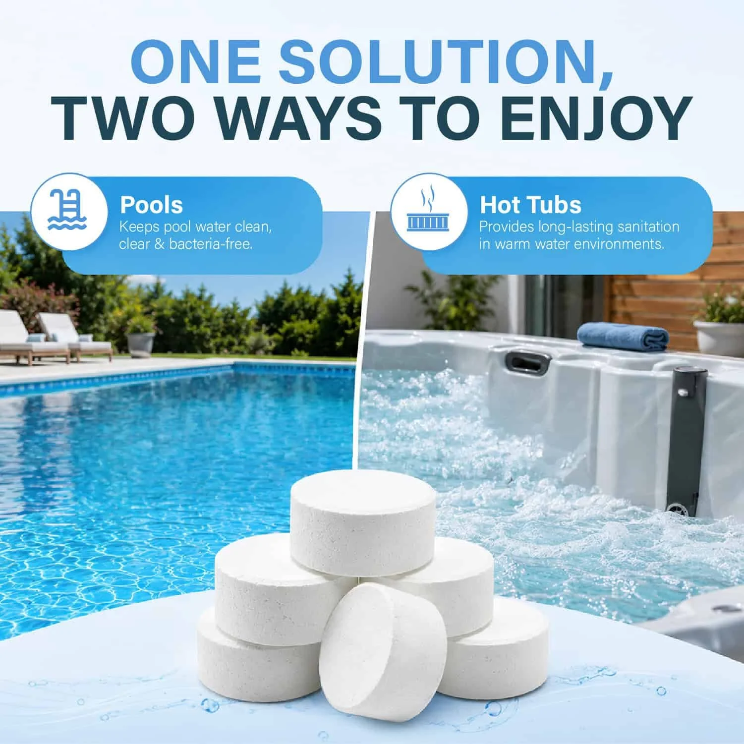 A promotional graphic displaying two options for enjoying a pool or hot tub. The left side shows a swimming pool with a sunny outdoor setting, and the right side shows a hot tub with a rolled towel on top. Text indicates that pools keep water clean a