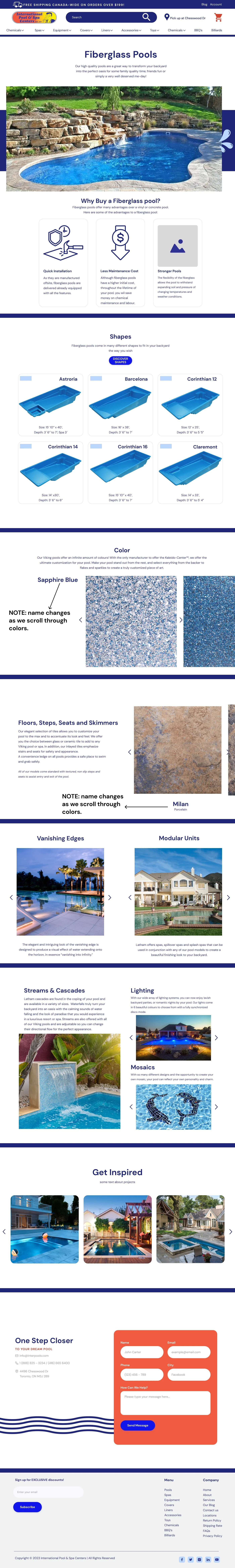 A webpage showcasing fiberglass pools with an image of a backyard pool surrounded by stonework and green lawn. The page details pool shapes, colors, features like floors, steps, skimmers, edges, individual units, streams, cascades, lighting, mosaics,