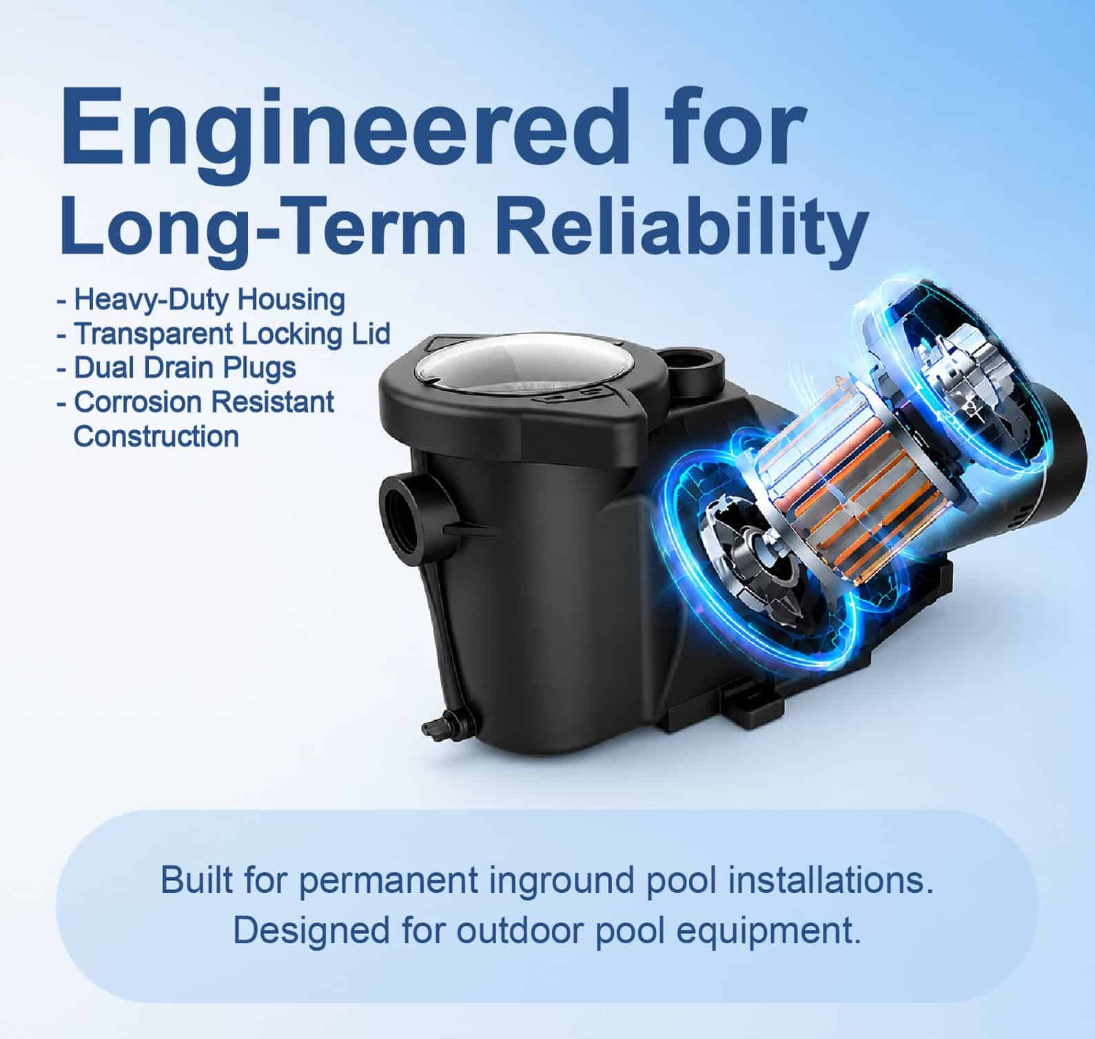 A black pool pump with digital energy lines and internal components exposed. The background contains promotional text highlighting features such as heavy-duty housing and corrosion resistance, emphasizing its durability and suitability for undergroun