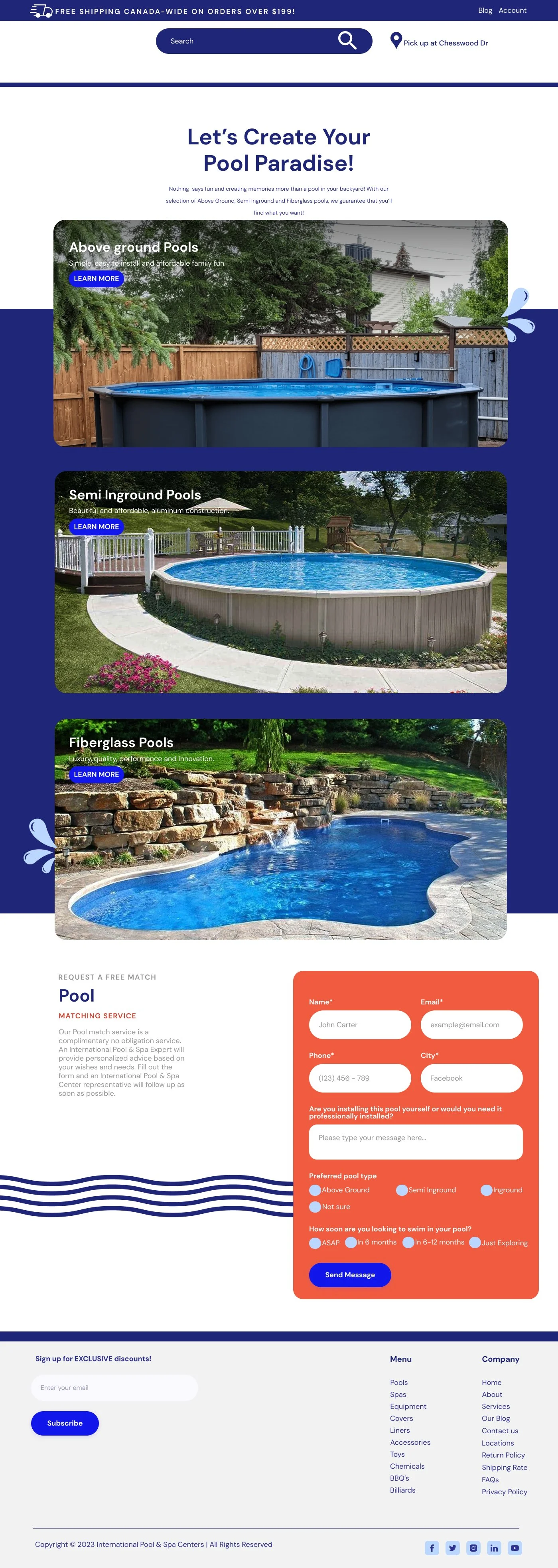 The webpage showcases three types of backyard pools: above ground, semi inground, and fiberglass pools, with images and blue 'Learn More' buttons for each.
