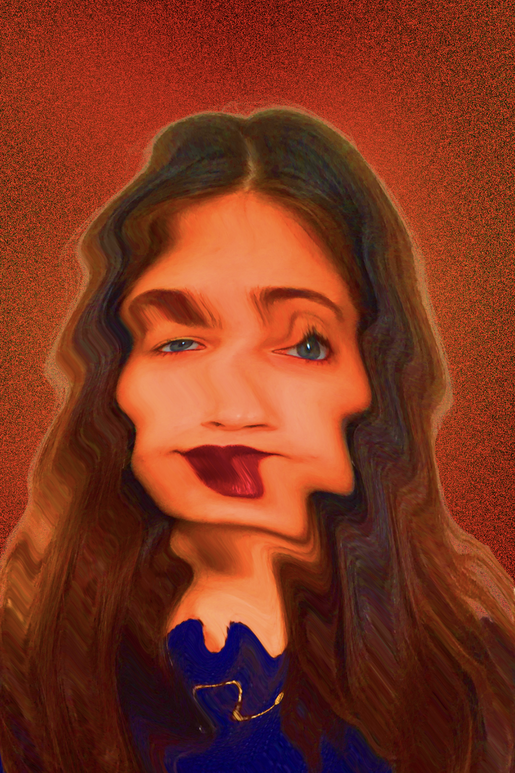 A highly distorted and warped portrait of a woman with long brown hair, blue eyes, and red lipstick, against a red background.
