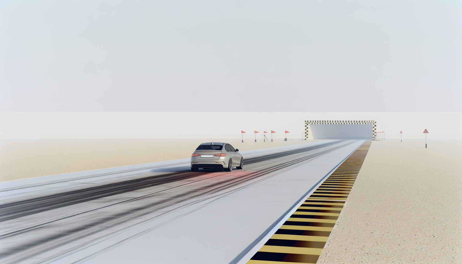 Car on a test track with skid marks, approaching a checkered finish line under a clear sky.