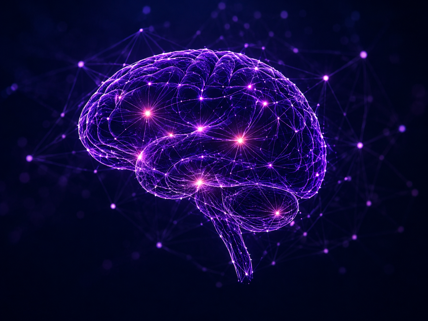 Digital illustration of a human brain with interconnected glowing purple lines and nodes, representing neural connections and artificial intelligence.