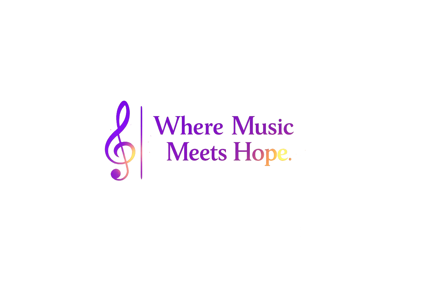 A colorful digital art piece features a purple treble clef symbol on the left and the phrase 'Where Music Meets Hope' in purple and gold text in the center. The background contains abstract lighting effects in shades of red, purple, blue, and black.