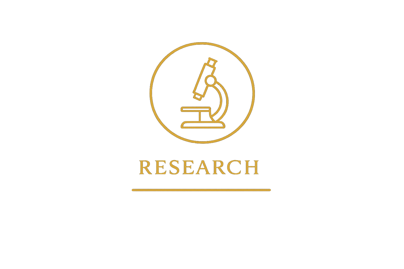 A logo with a gold outline of a microscope inside a circle, and the word "RESEARCH" in gold capital letters below, with a gold line underneath.