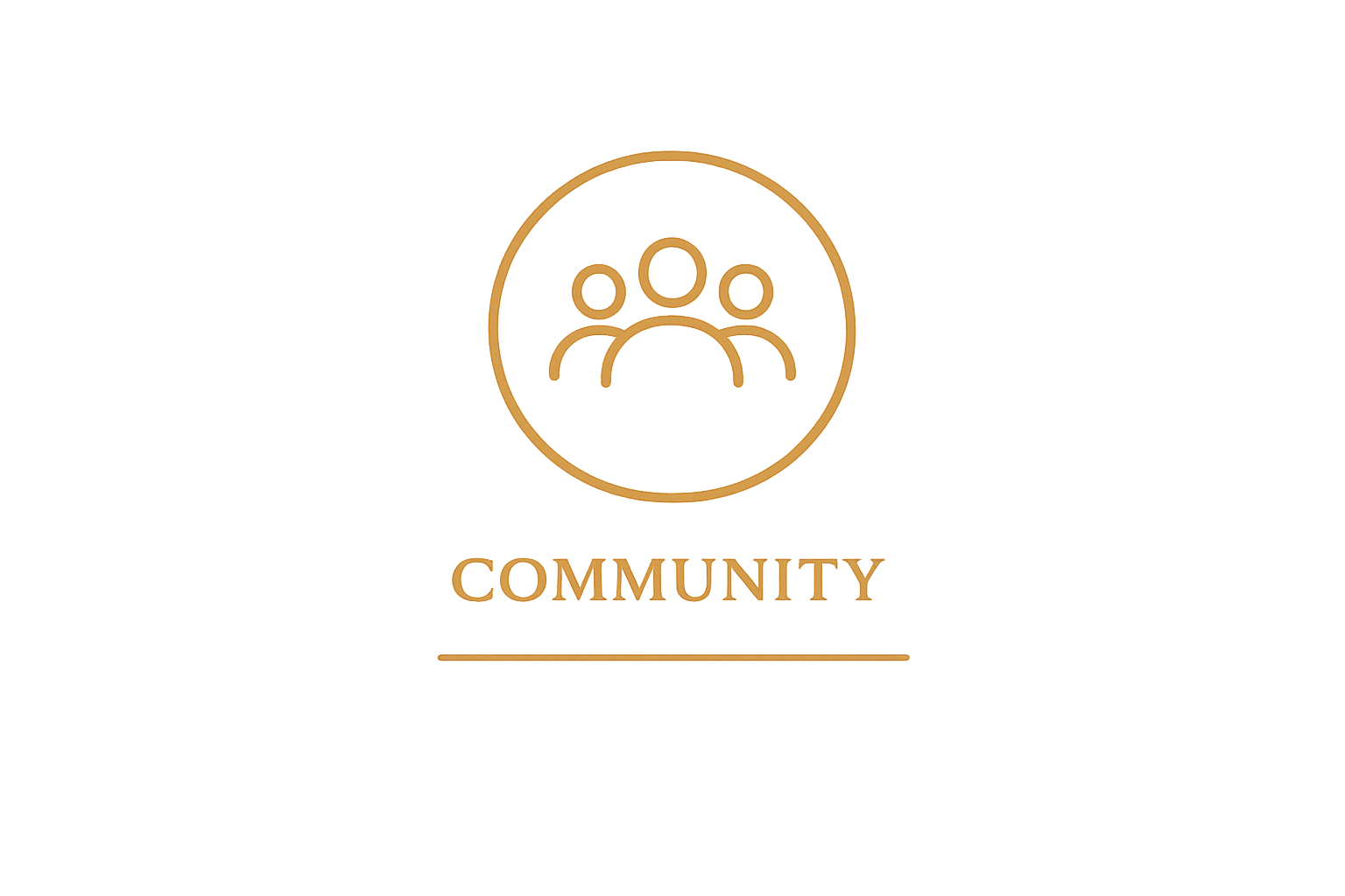 Gold circle with three outlined human figures inside, the word "COMMUNITY" below, and a horizontal line beneath.