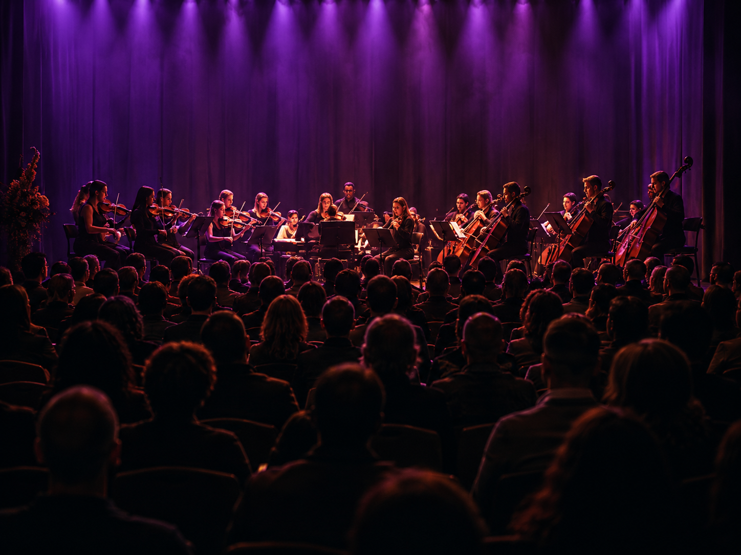 An orchestra performing on stage with purple lighting, audience watching.
