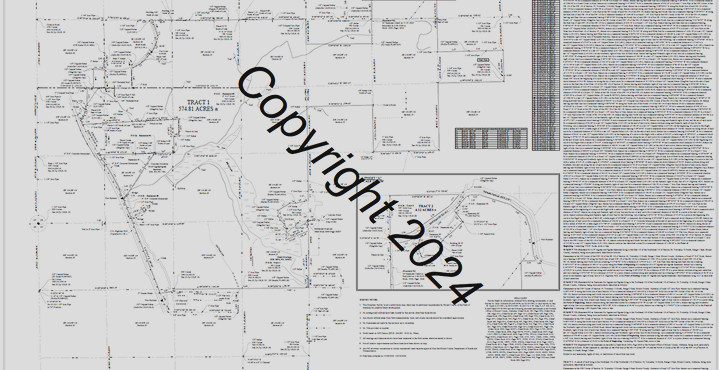 A detailed map of a large area with marked land plots, roads, and descriptions. The map includes various sections, labeled plots, and textual information about the land parcels.