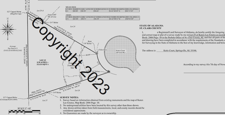 Property survey map for Katie Court in Springville, Alabama, showing lot boundaries, measurements, and nearby landmarks.