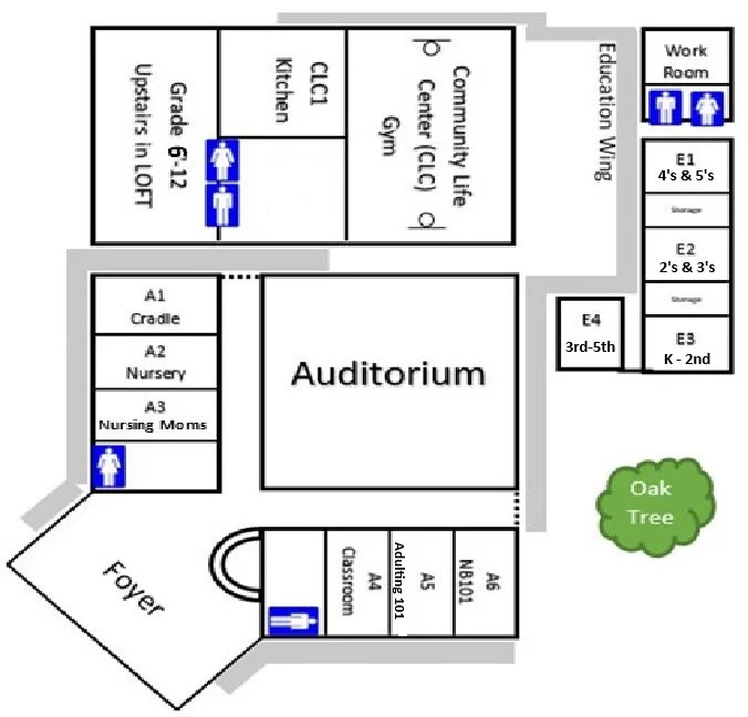 School building layout featuring an auditorium, classrooms, restrooms, work room, storage, and an outdoor oak tree.