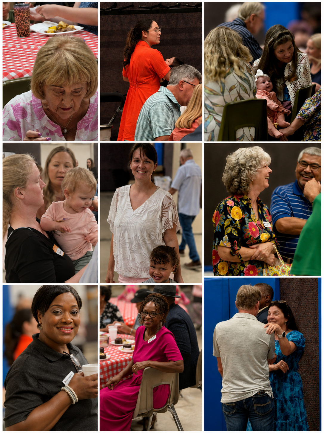 Collage of people at a social gathering, engaging in conversations and smiling, with some seated at tables, a woman with a child, and couples talking and laughing.