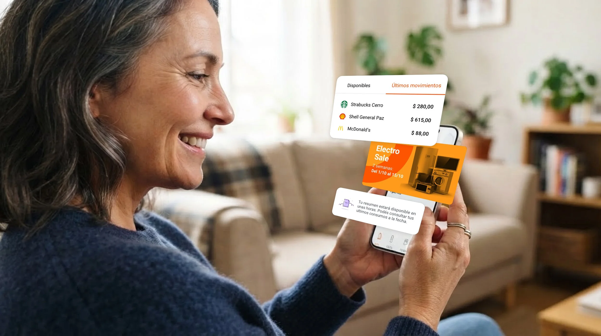 Woman at home smiling at her phone, with Naranja X app cards for recent transactions, an Electro Sale promo and a statement notification
