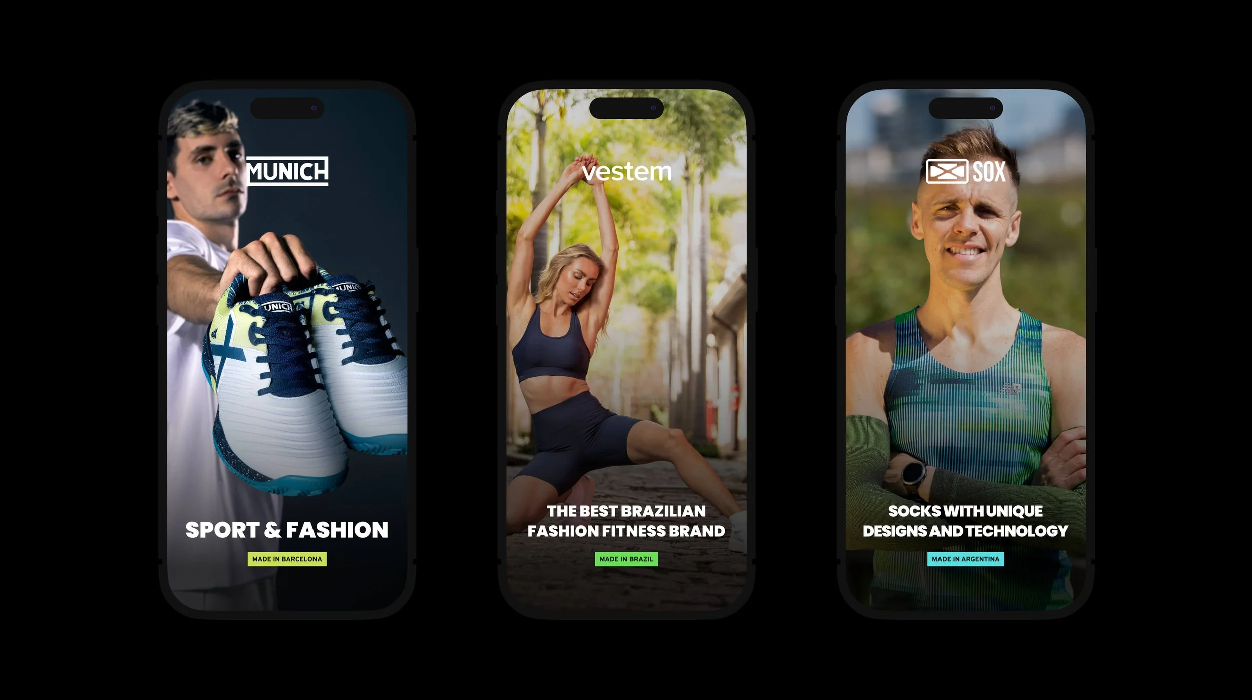 NG2 Miami Midtown Instagram Story set: Munich "Sport & Fashion" footwear campaign, Vestem performance apparel, and SOX compression technology socks — brand campaign creatives from the social media design system