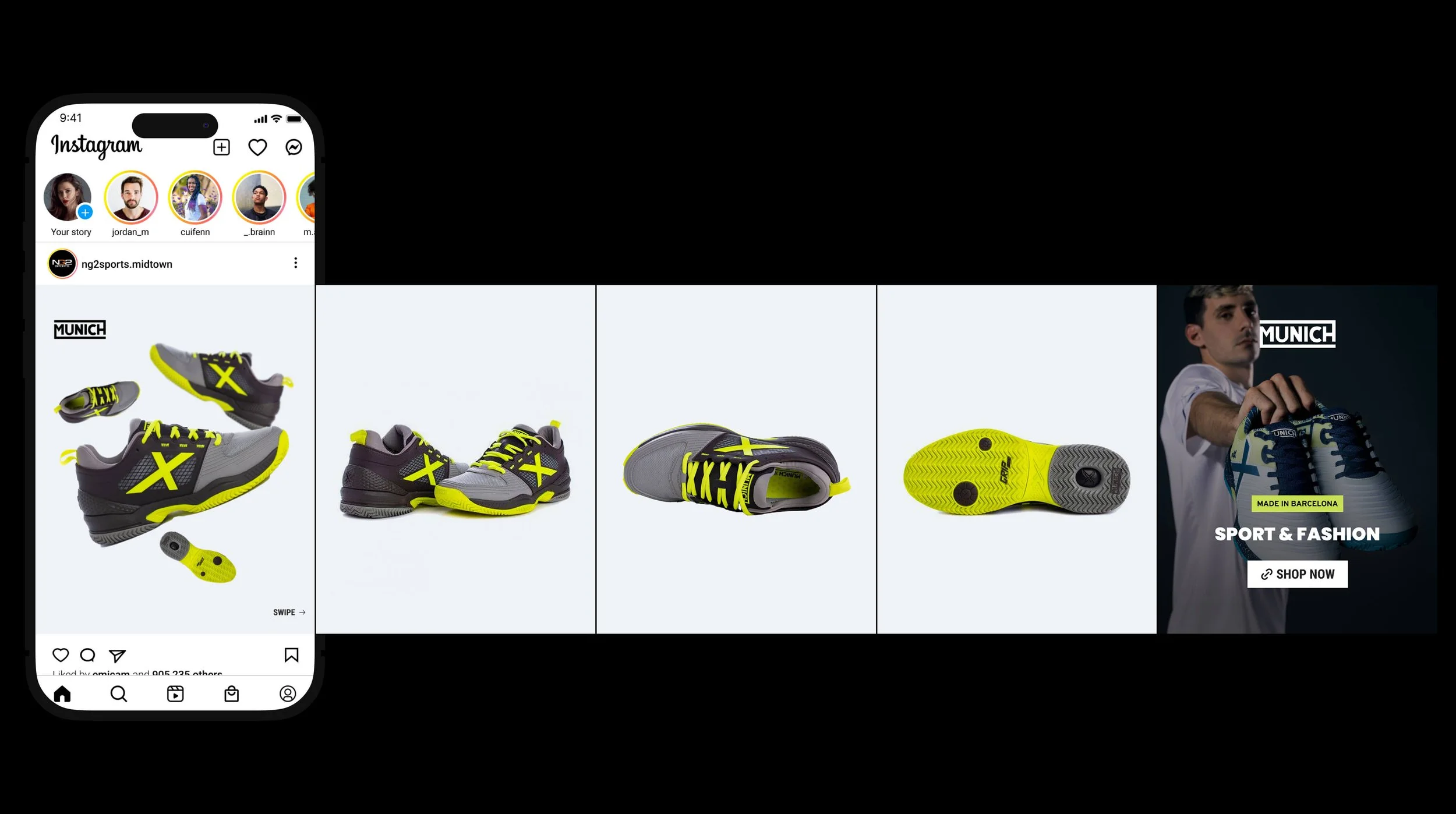 NG2 Miami Midtown Instagram post mockup: Munich footwear product carousel showing black and yellow sneakers from multiple angles — top, side, and sole views — from the social media design system