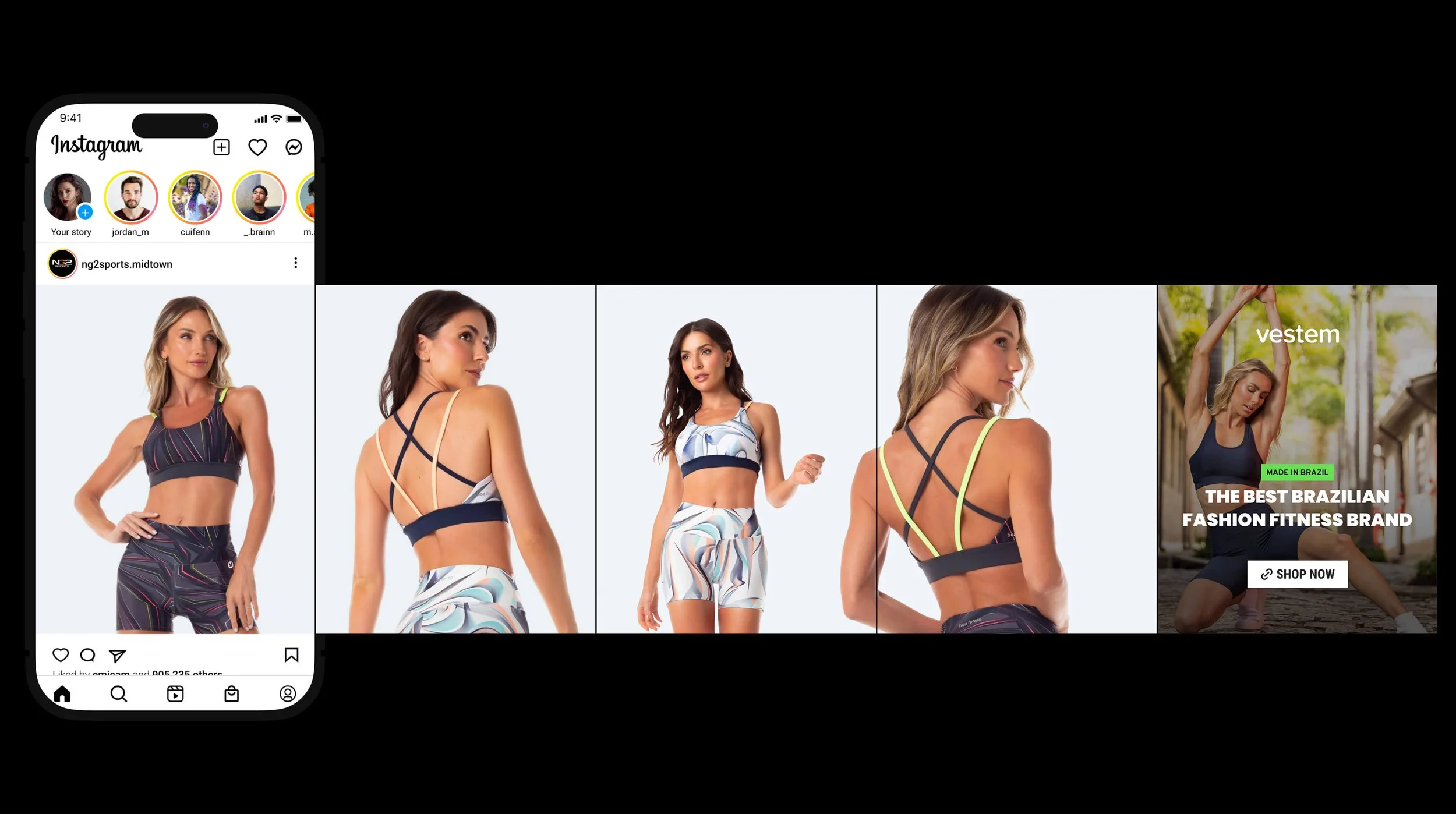 NG2 Miami Midtown Instagram post mockup: Vestem sports bra and fitness apparel carousel from multiple angles — "the best Brazilian fashion fitness brand" — from the social media design system