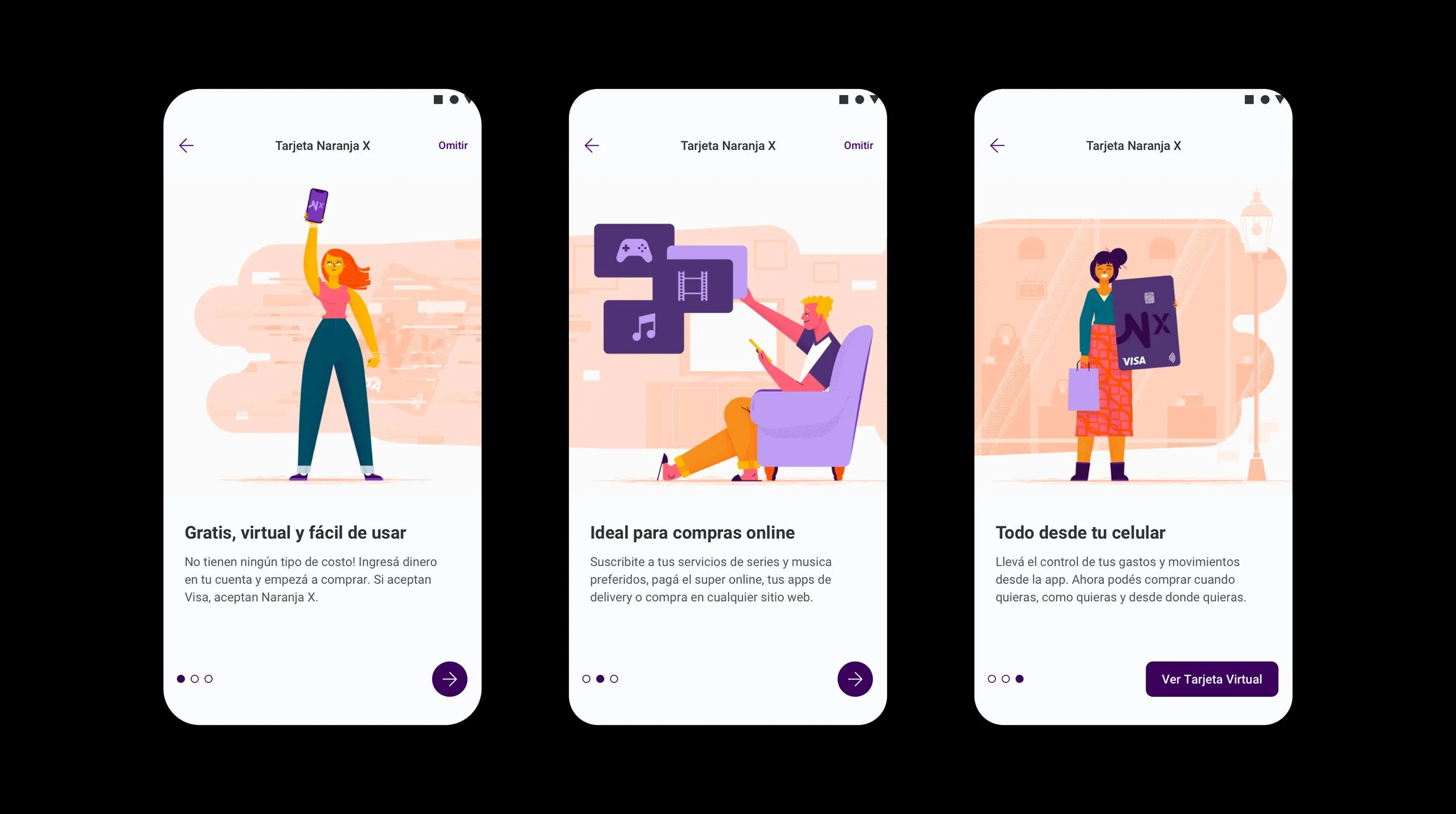 Three Naranja X virtual card onboarding screens with illustrations: free and easy to use, ideal for online shopping, and everything from your phone