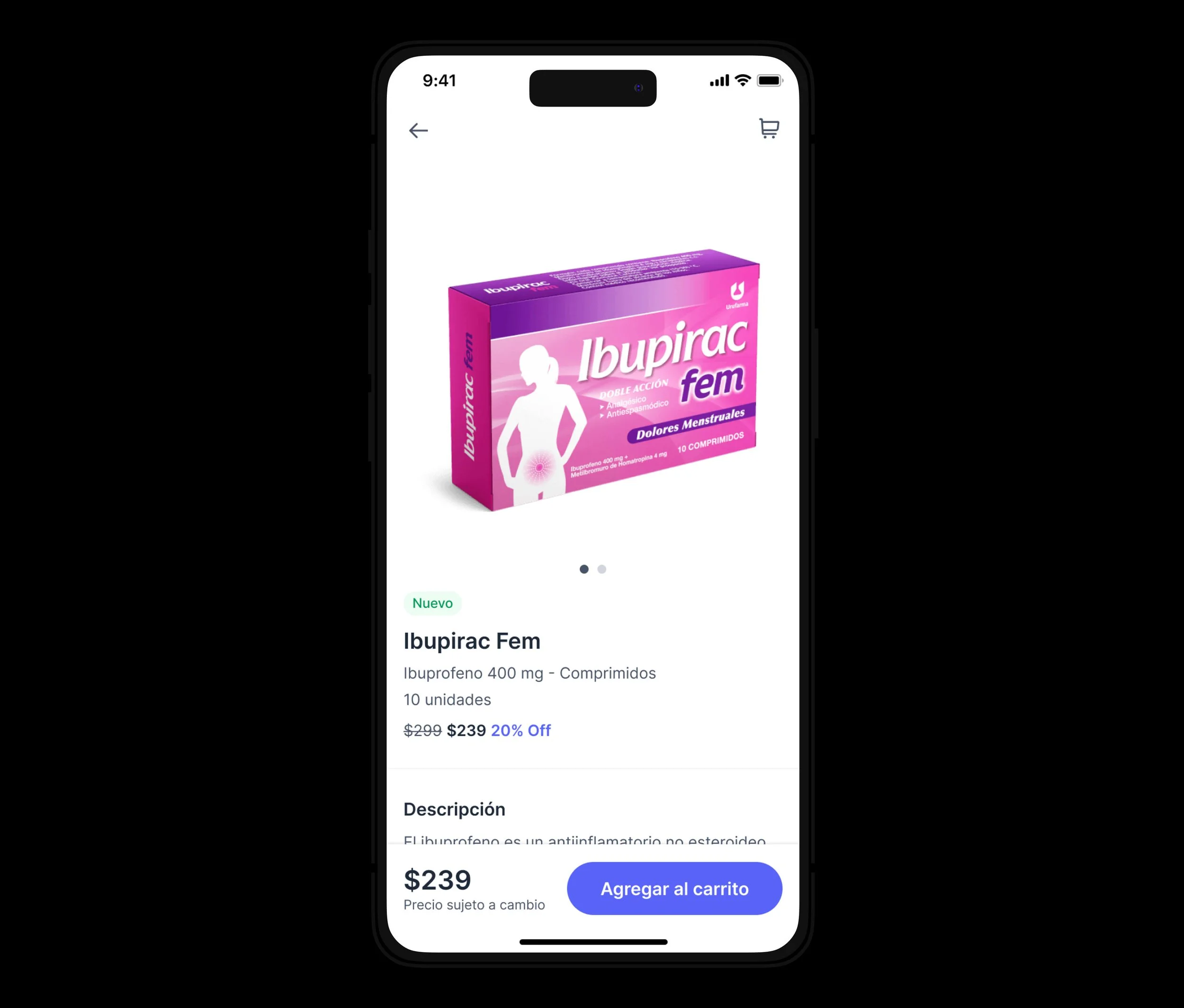 Farmatouch product detail screen for Ibupirac Fem with image carousel, 20% off price, description and Add to cart button