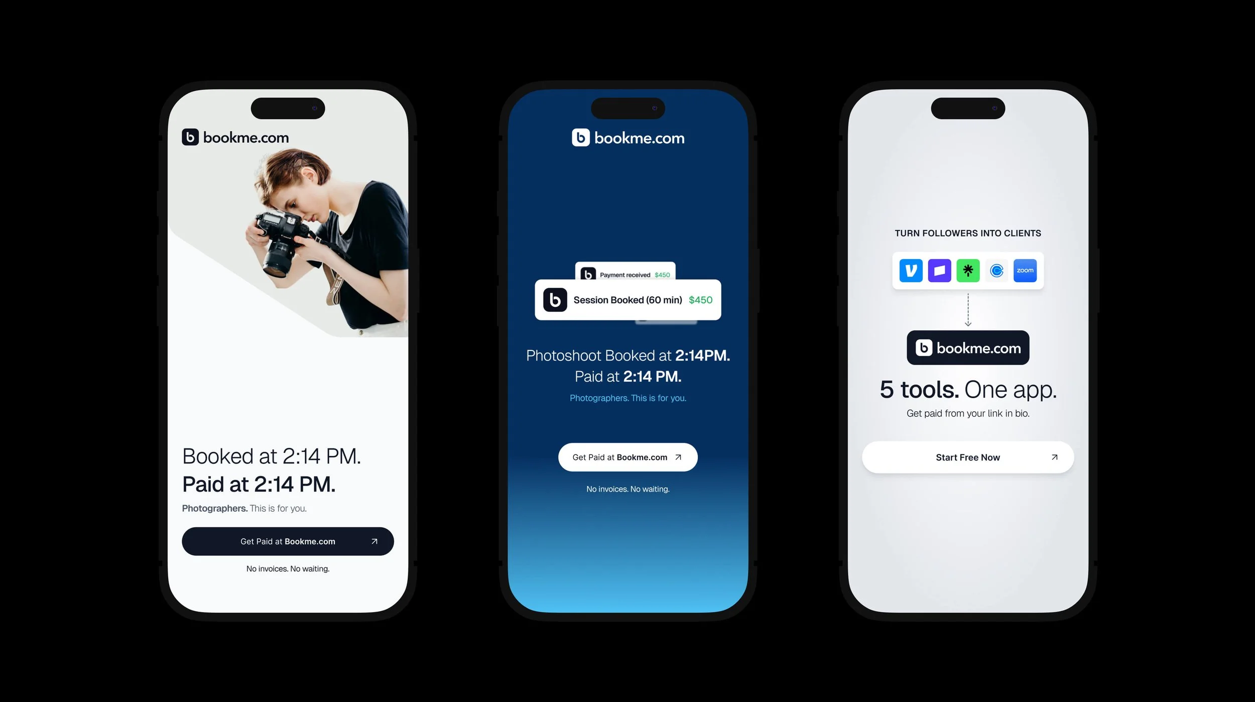Bookme.com Instagram Story set from the social media design system: photographer booking confirmation, payment received screen, and "5 tools, one app" onboarding card