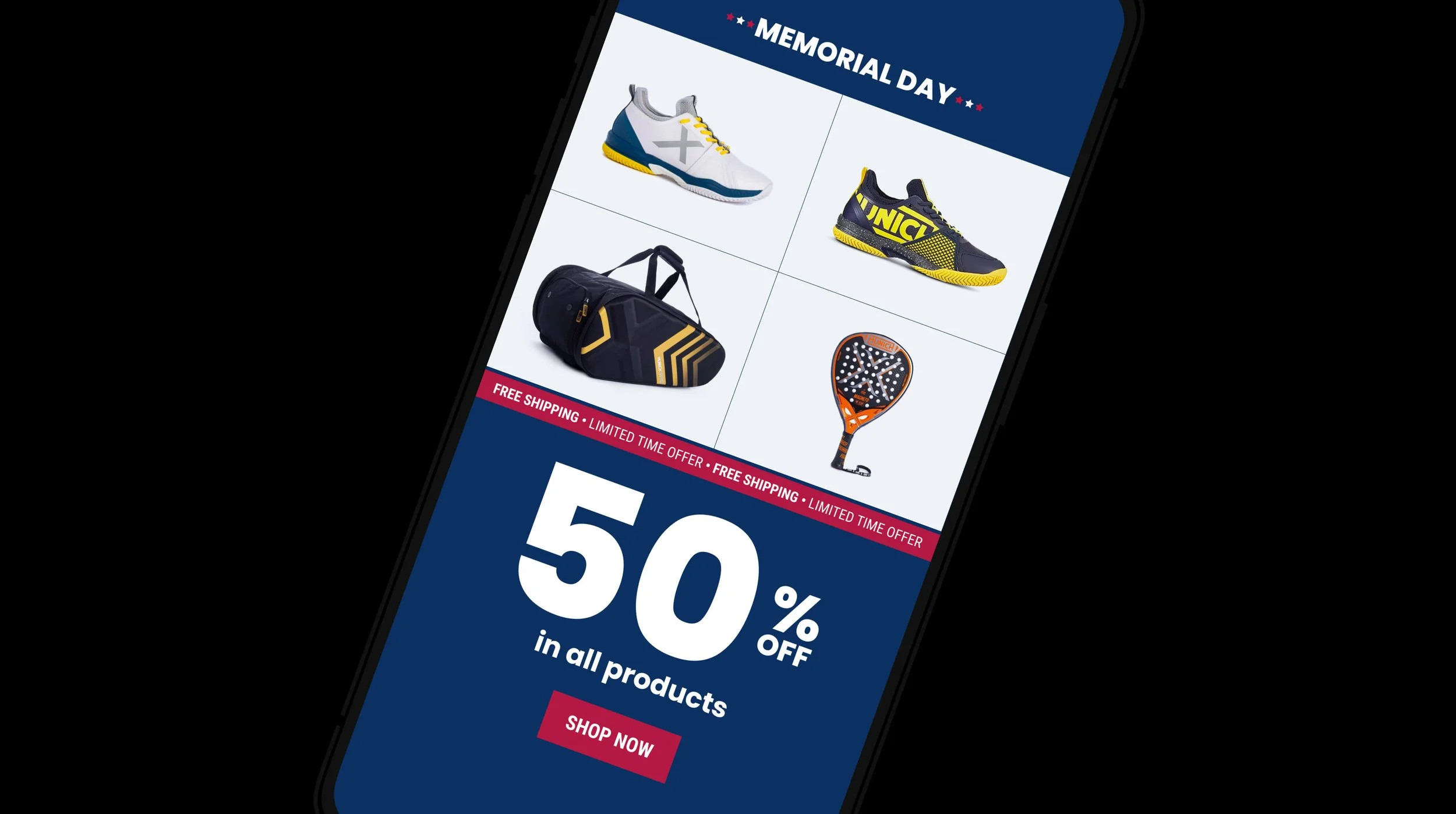 NG2 Miami Midtown Instagram Story: padel gear sale promo — "50% off all products" with free shipping, limited-time offer banner