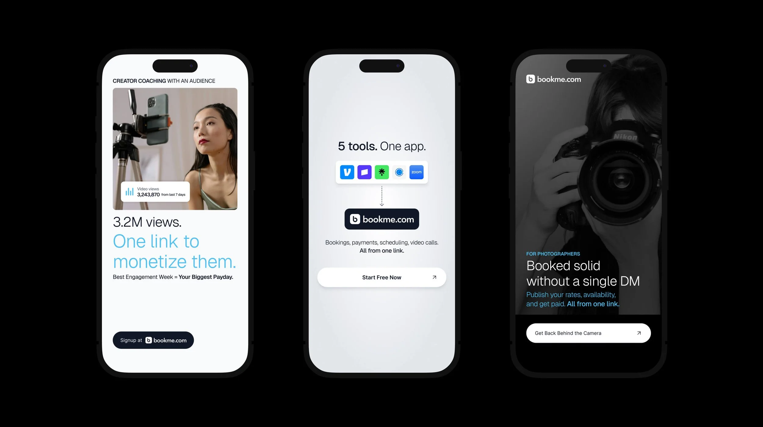 Bookme.com Instagram carousel set: "3.2M views, one link to monetize them" creator stat card, "$41/month" pricing highlight, and "Booked solid without a single DM" photographer testimonial