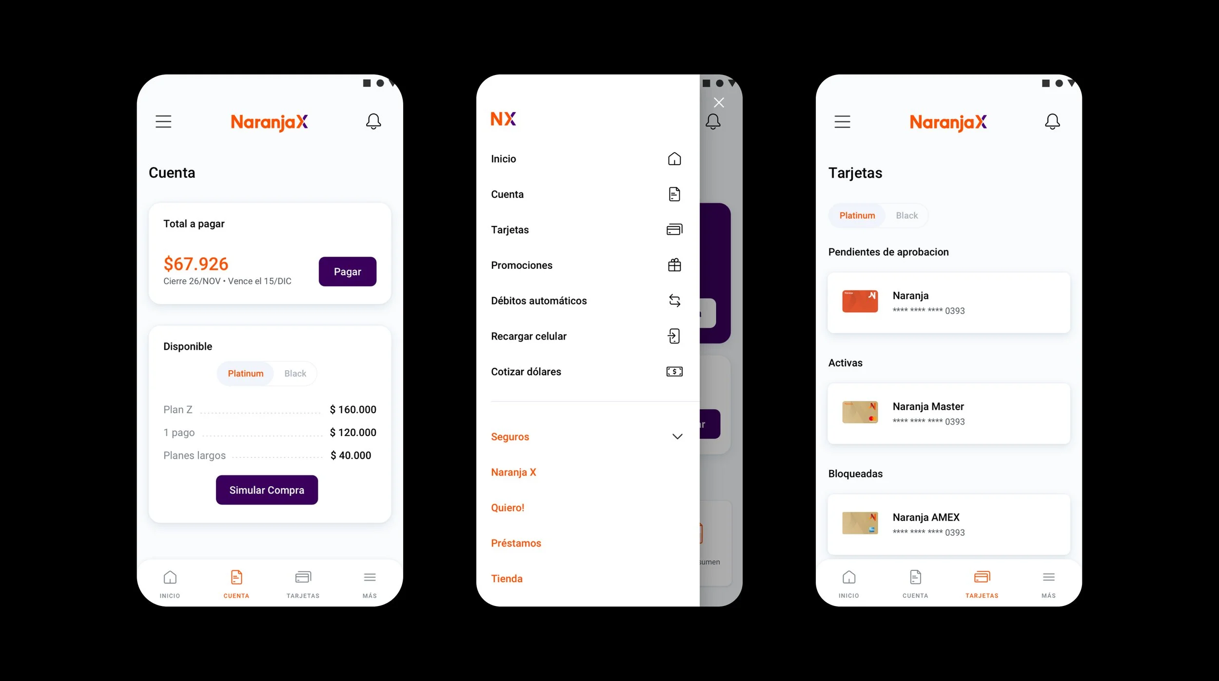 Three Naranja X app screens: account summary with amount due and available credit, side navigation menu, and cards list by status