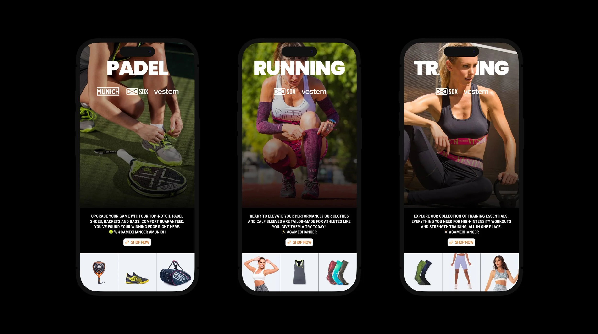 NG2 Miami Midtown Instagram Story set: Padel gear (Munich), Running apparel (Vestem), and Training essentials (SOX) — "Shop Now" product carousels from the social media design system
