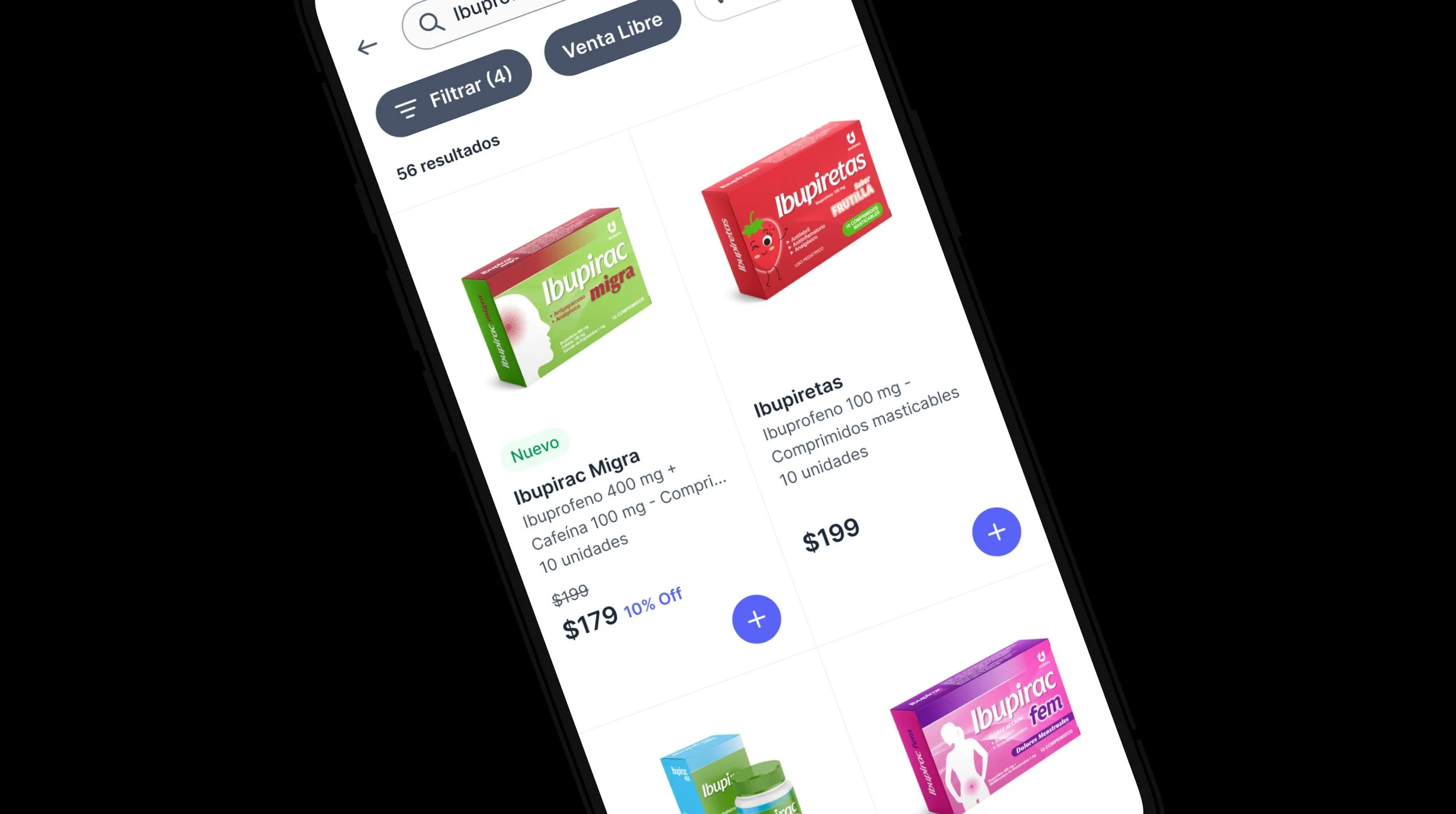 Farmatouch search results for ibuprofen showing filters, over-the-counter products, prices, a 10% discount and add-to-cart buttons