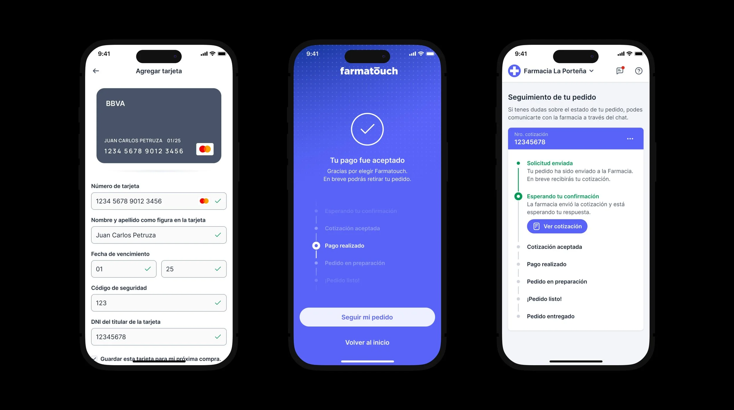 Three Farmatouch checkout screens: add a payment card form, payment accepted confirmation, and step-by-step order tracking from request to delivery
