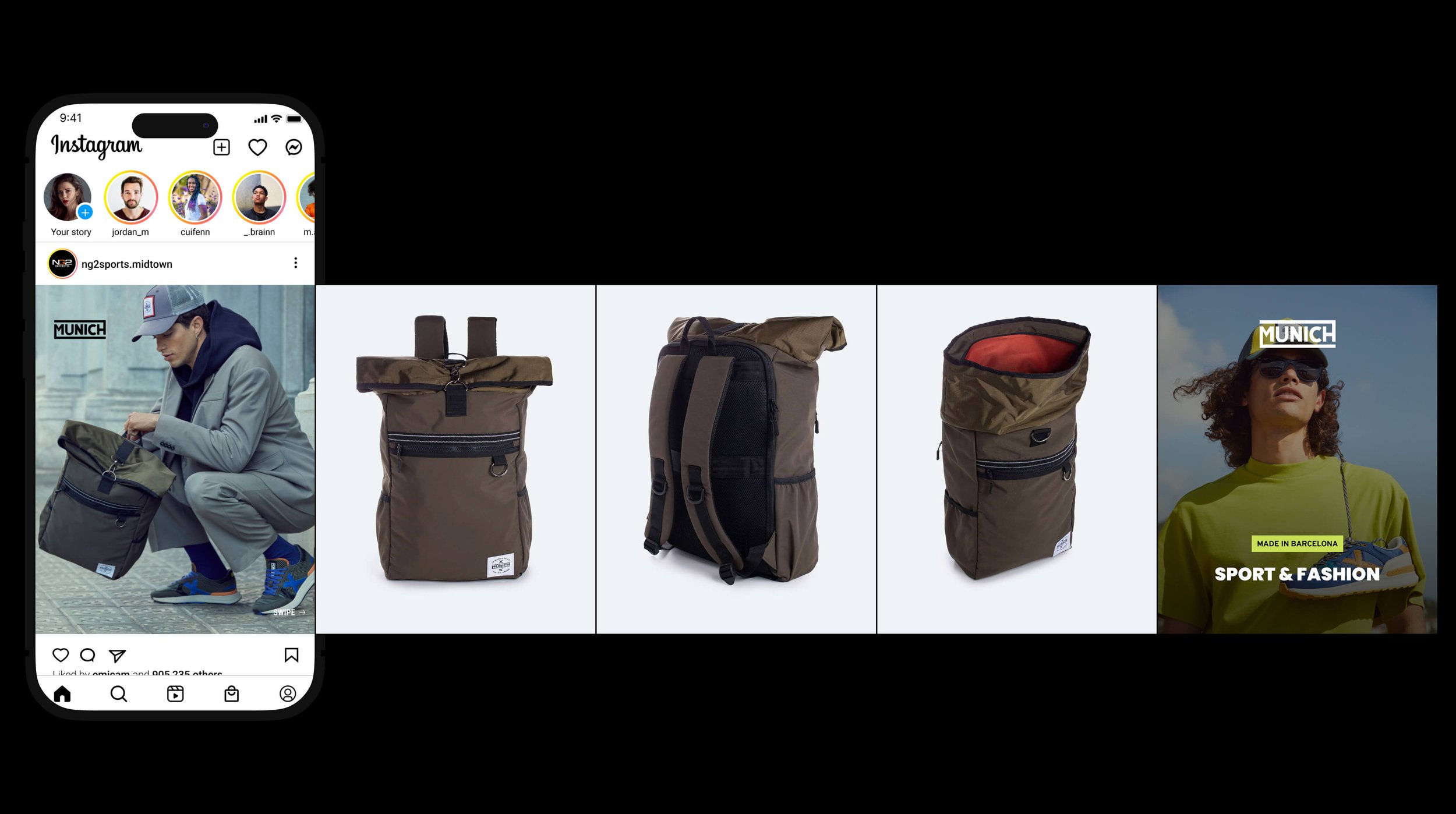 NG2 Miami Midtown Instagram post mockup: Munich backpack product carousel — roll-top, everyday, and camo styles — from the social media design system